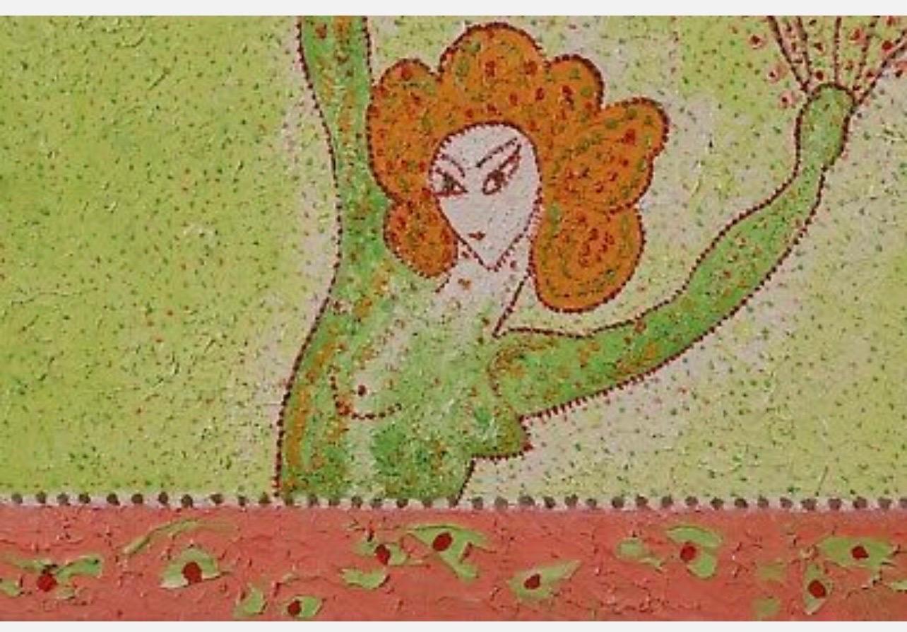 Skurrile französische Volkskunst, naiv, Ölgemälde  Madeline Marie Christine Clavier (Beige), Figurative Painting, von Madeline Christine Clavier