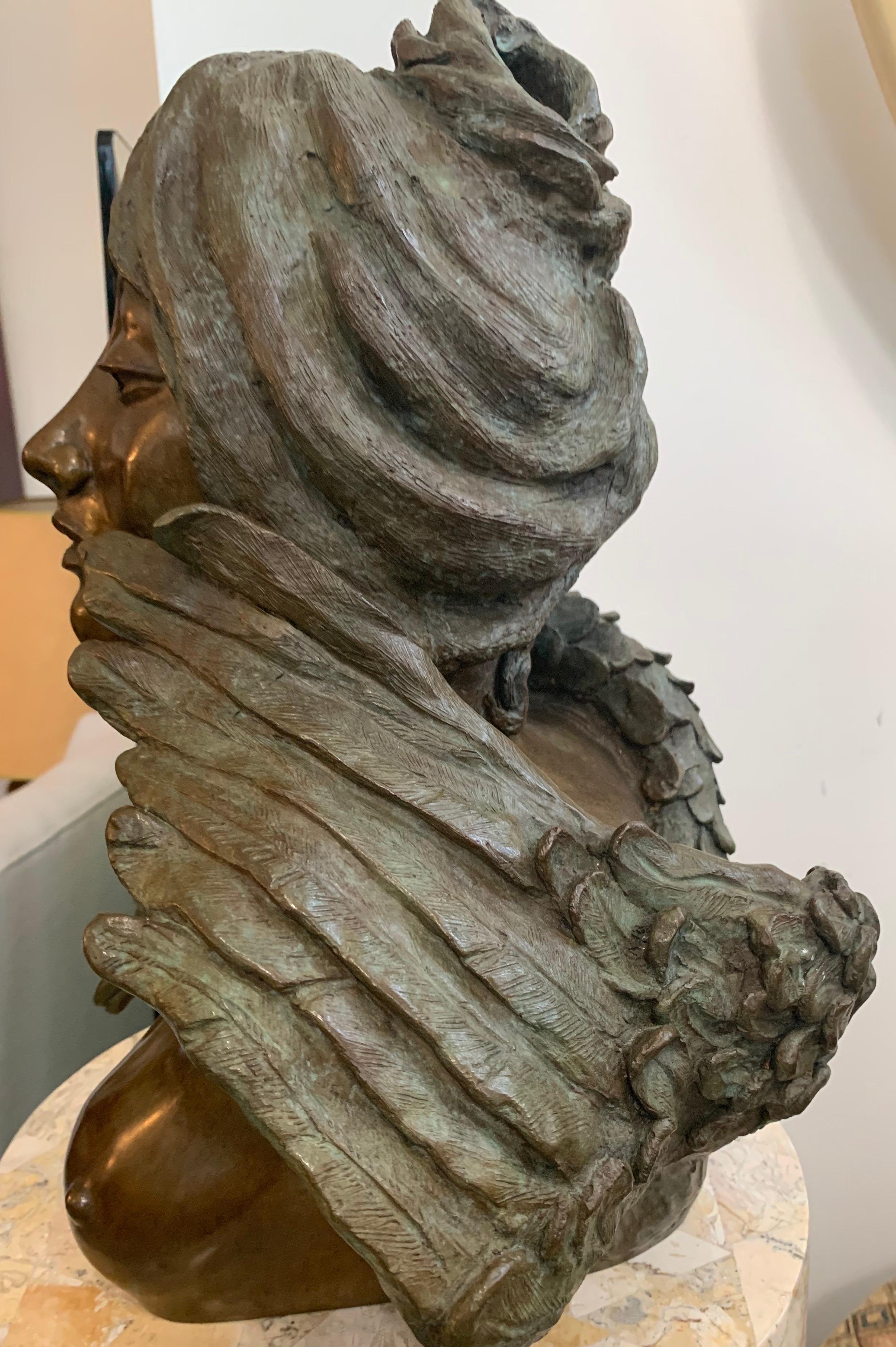 American Madeline Cretella Signed and Numbered Bronze Bust of Woman with Bird