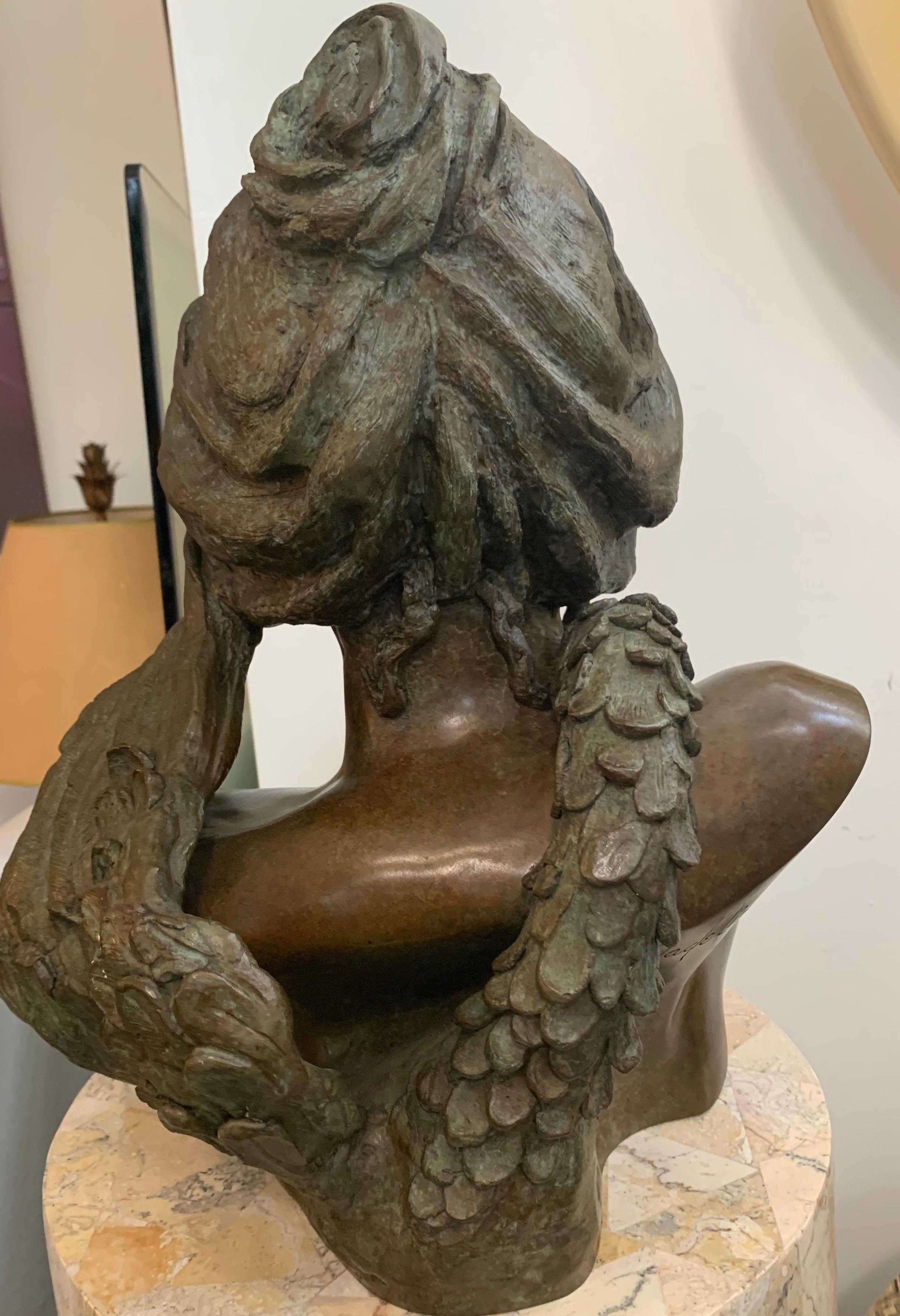 Madeline Cretella Signed and Numbered Bronze Bust of Woman with Bird In Good Condition In West Hartford, CT