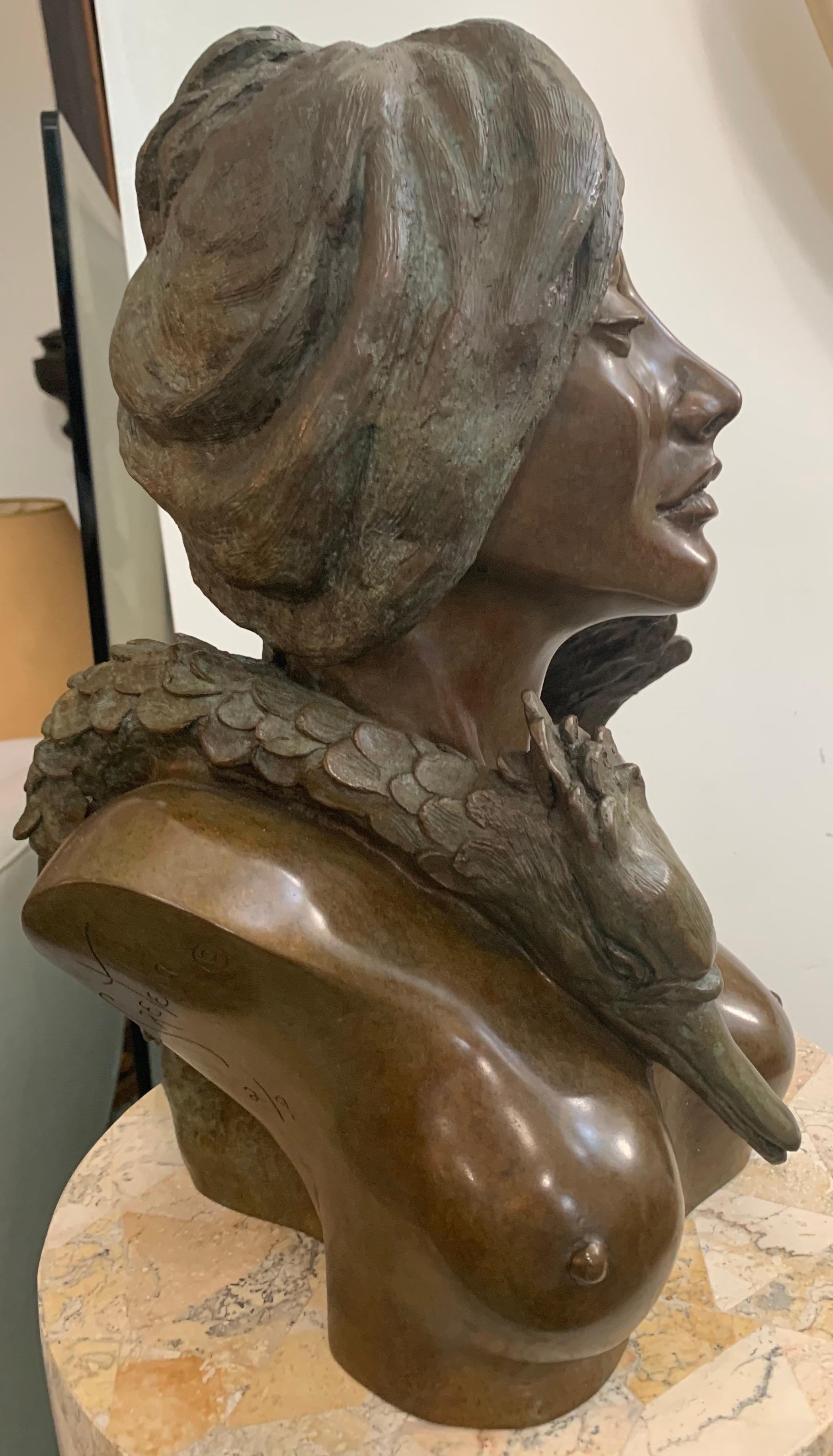 20th Century Madeline Cretella Signed and Numbered Bronze Bust of Woman with Bird