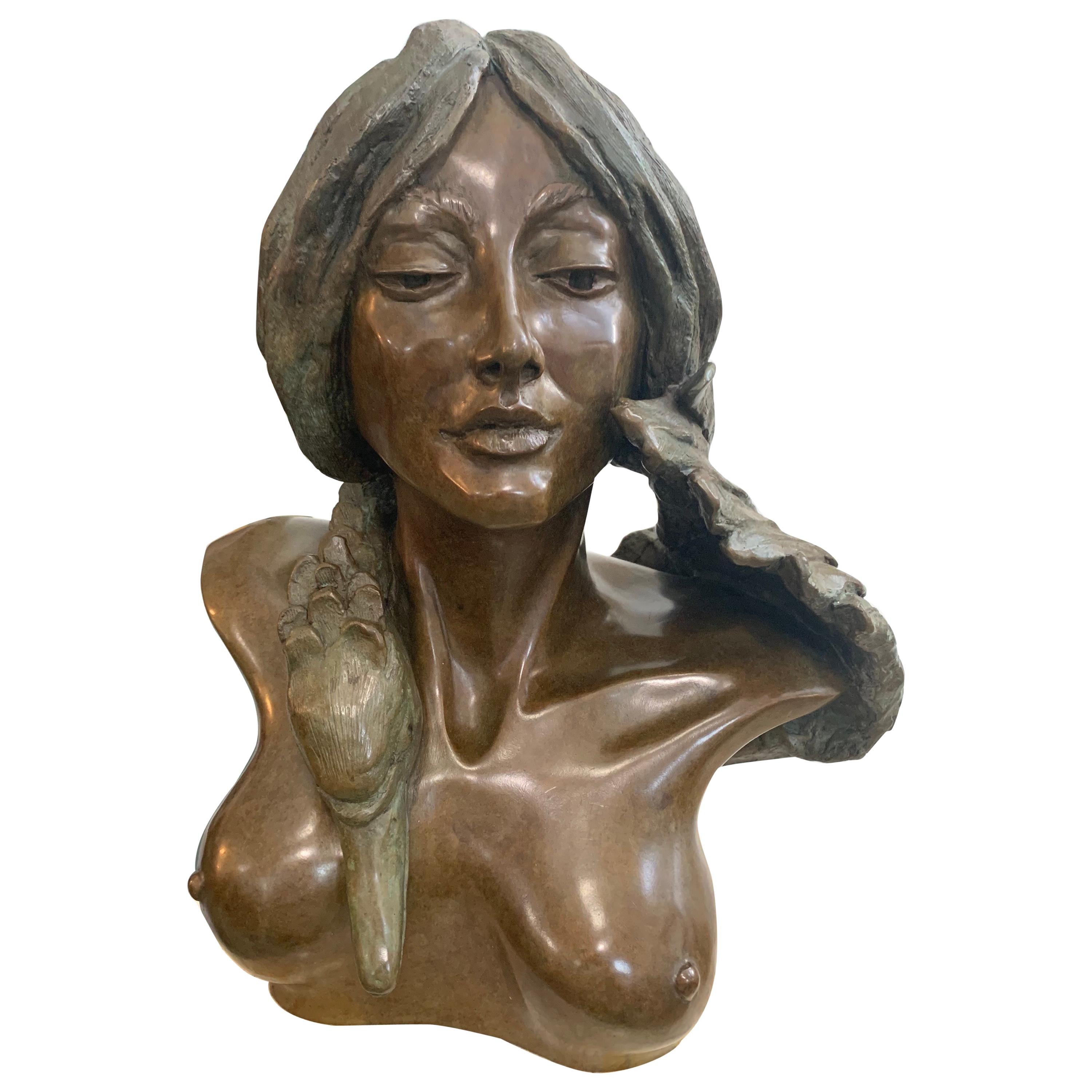 Madeline Cretella Signed and Numbered Bronze Bust of Woman with Bird