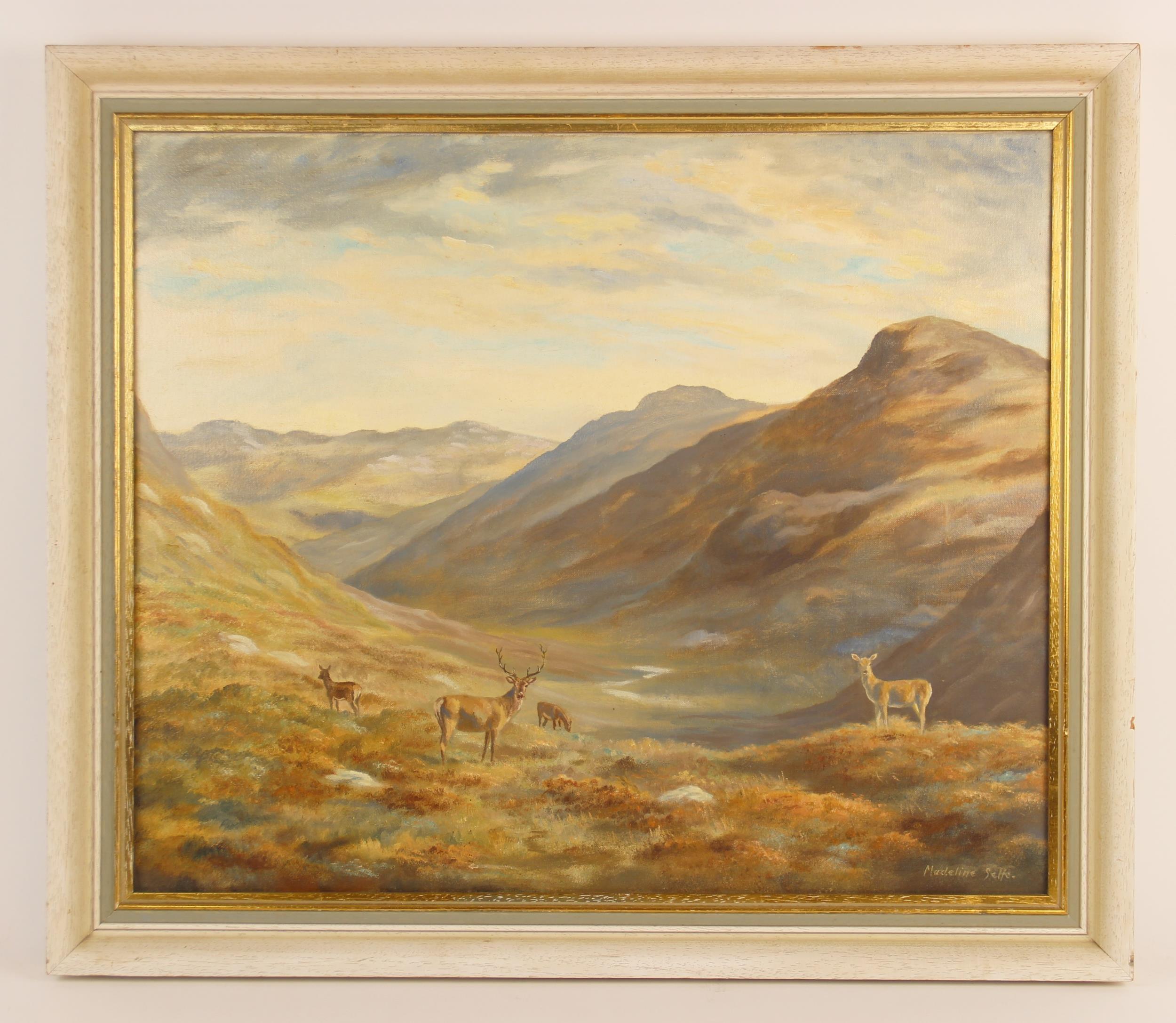 Highland Stag Family of Deer Glen Dhu Sutherland Scotland signed British oil - Painting by Madeline Selfe
