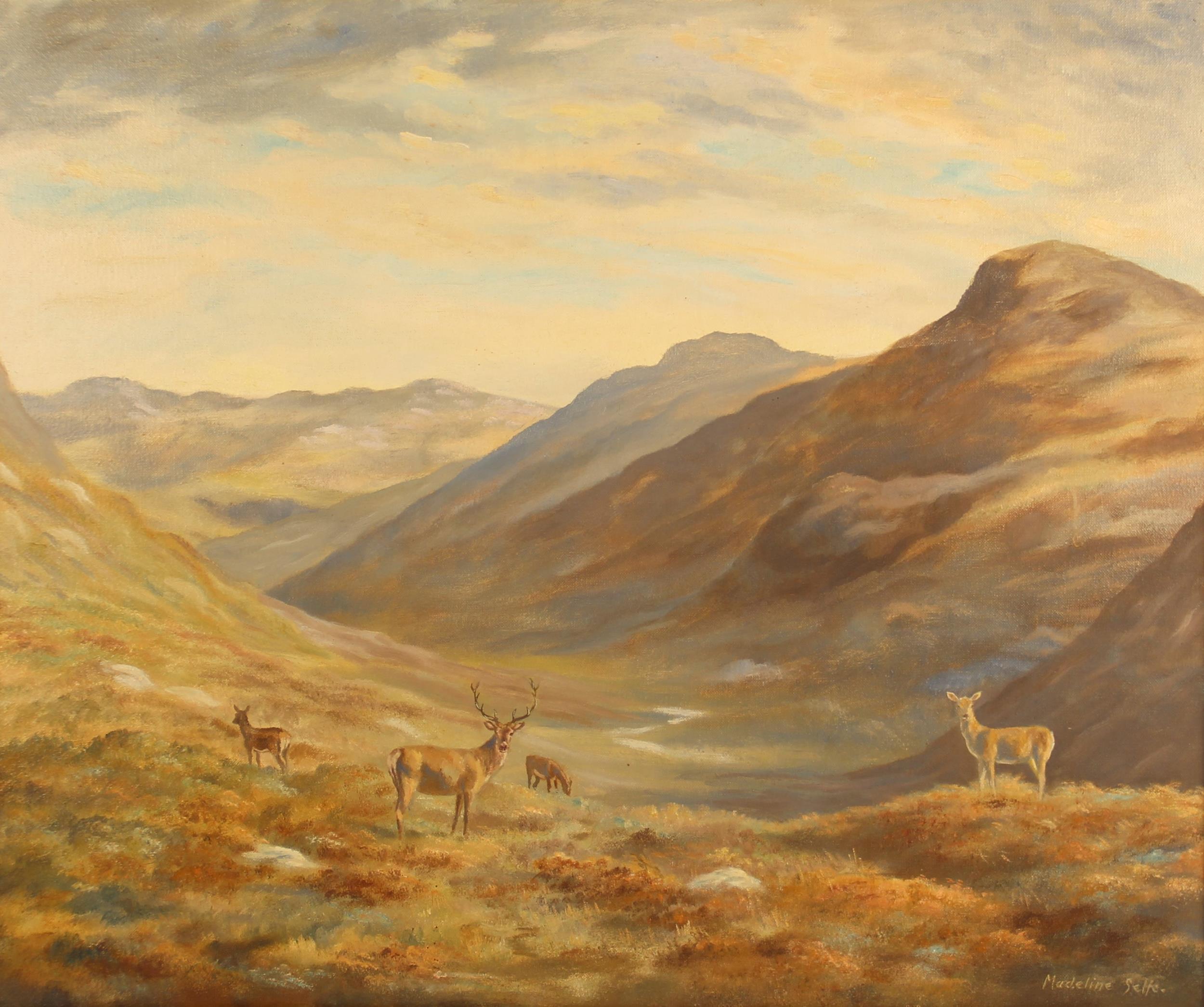 Madeline Selfe Landscape Painting - Highland Stag Family of Deer Glen Dhu Sutherland Scotland signed British oil
