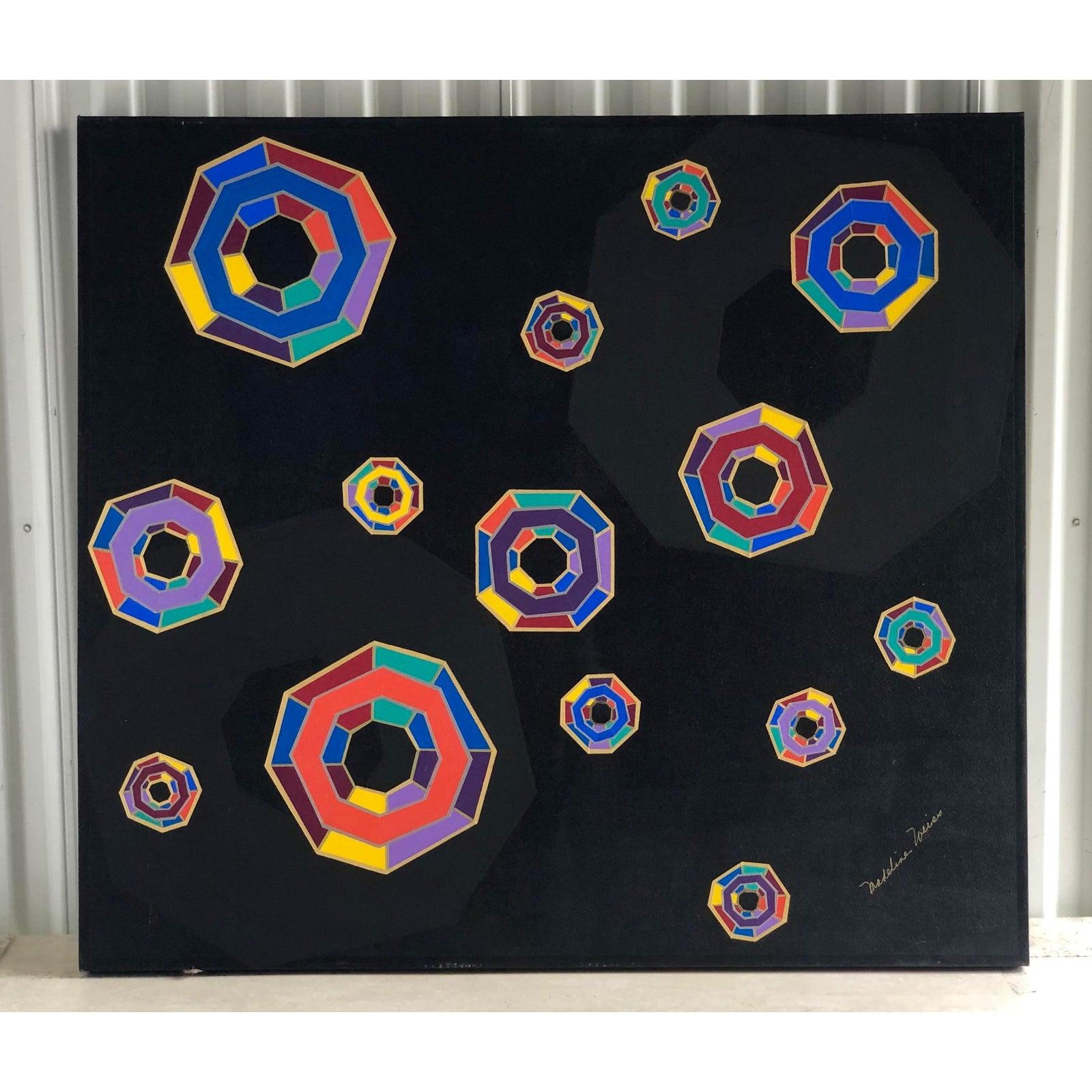 Madeline Weiss Geometric Jewels Original Oil Signed In Good Condition For Sale In west palm beach, FL