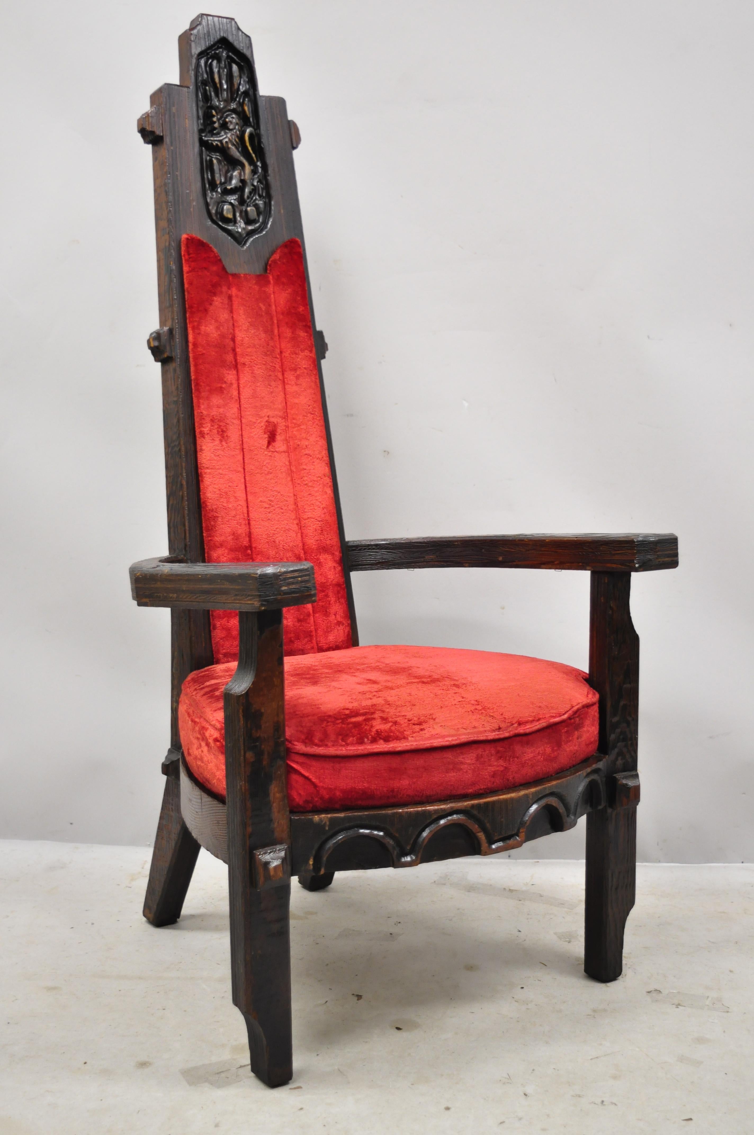 Maderas De Santa Barbara Gothic Revival Elvis Jungle Room style Throne armchair. Item features a tall back, original red upholstery, solid wood construction, distressed finish, nicely carved details, original label, very nice vintage item, great