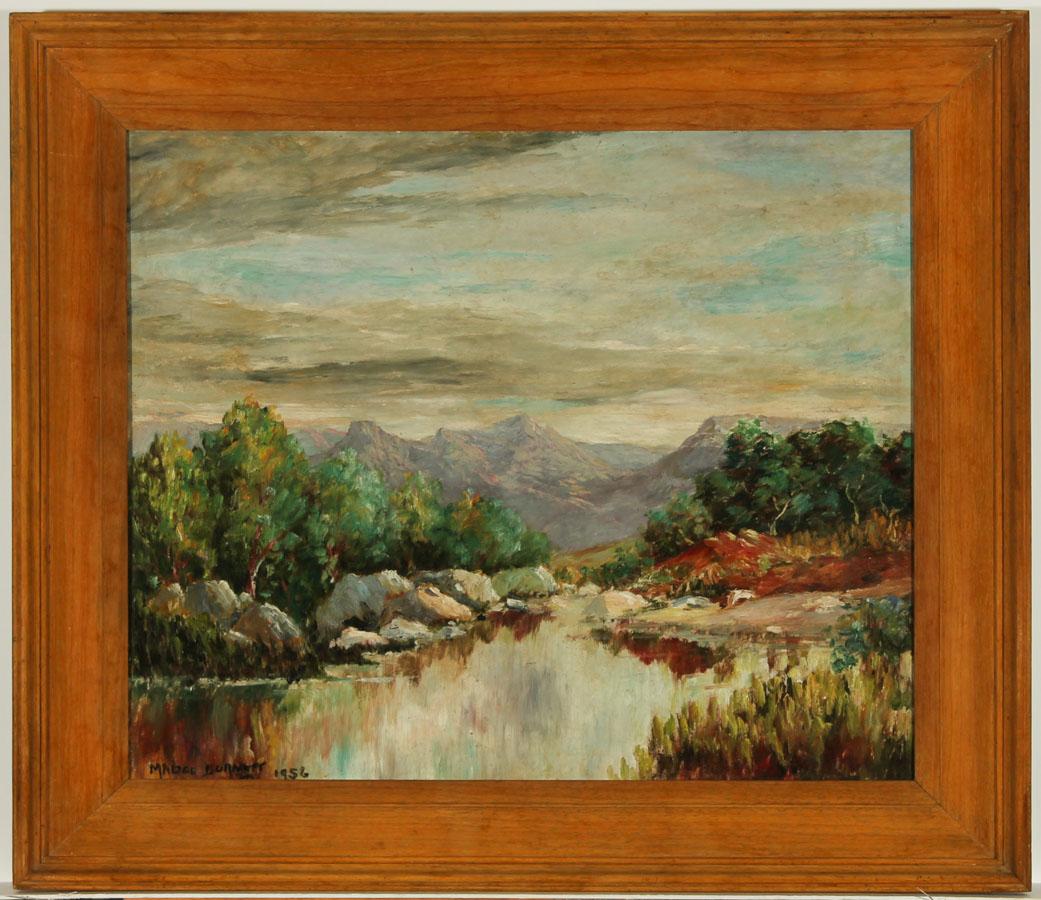 An atmospheric mountainous landscape, inscribed verso 'South African Painting'. The expressive uses of brushstrokes and areas of impasto are typical of Burnett's oeuvre. Well presented in a carved wood frame. Signed and dated. On board.
