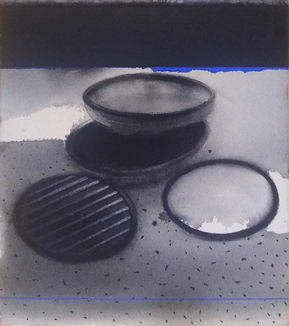 Pots, Acrylic & Pigment on Canvas, (Set of 2) Black, Blue, Grey 