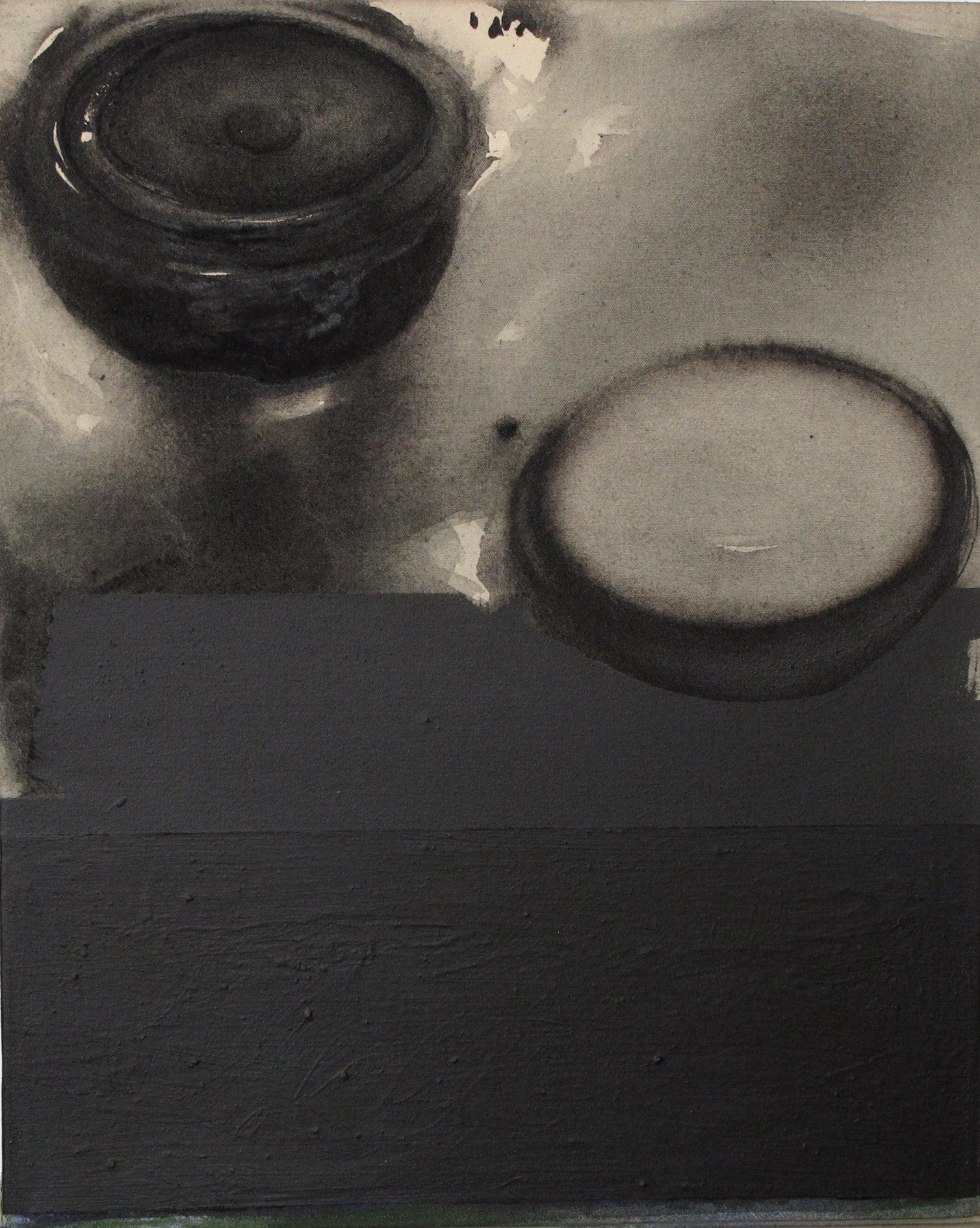 Töpfe, Acryl und Pigment auf Leinwand, (Set von 2) Schwarz, Blau, Grau „Auf Lager“ – Painting von Madhu Basu