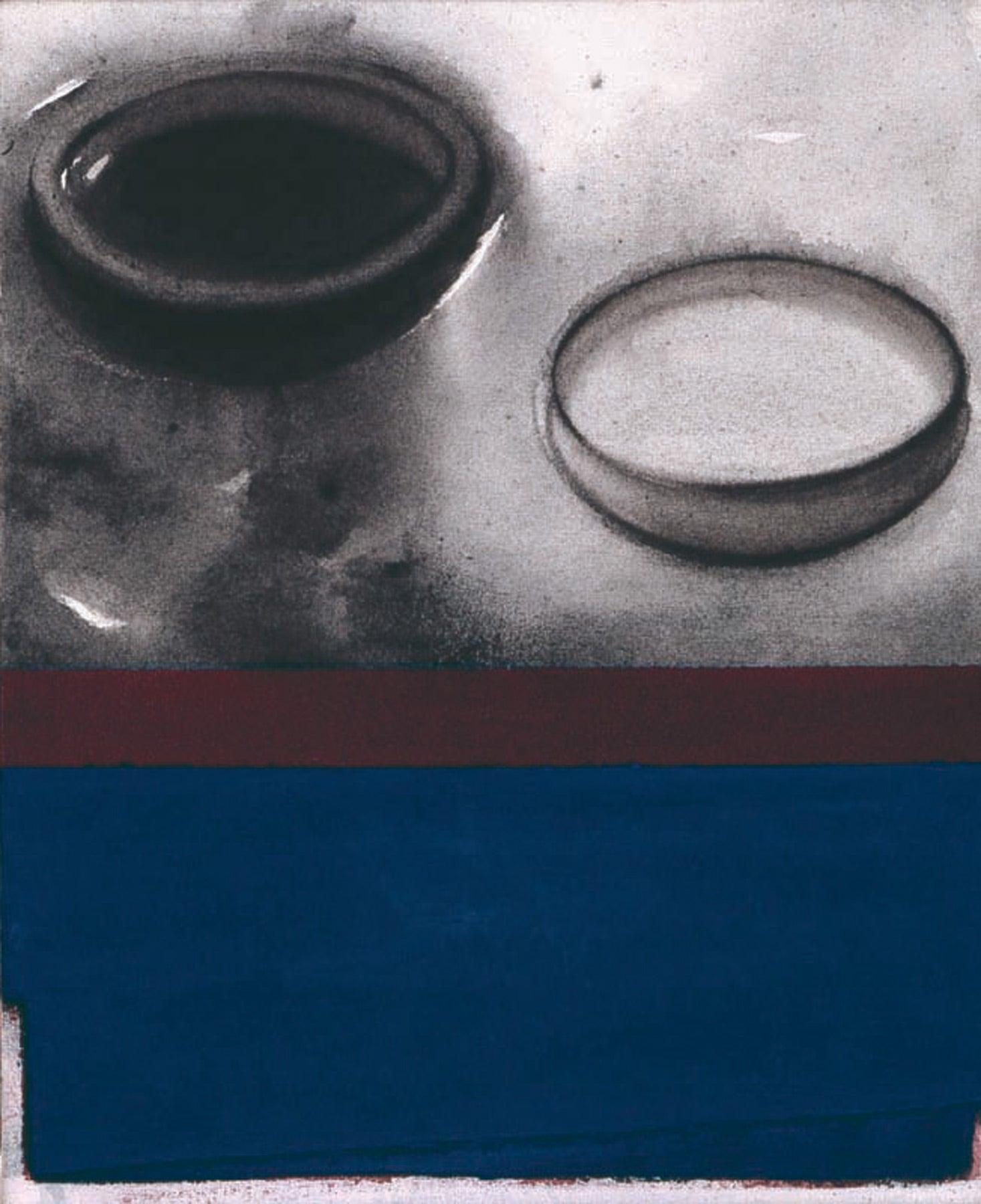 Töpfe, Acryl und Pigment auf Leinwand, (Set von 2) Schwarz, Blau, Grau „Auf Lager“ (Zeitgenössisch), Painting, von Madhu Basu