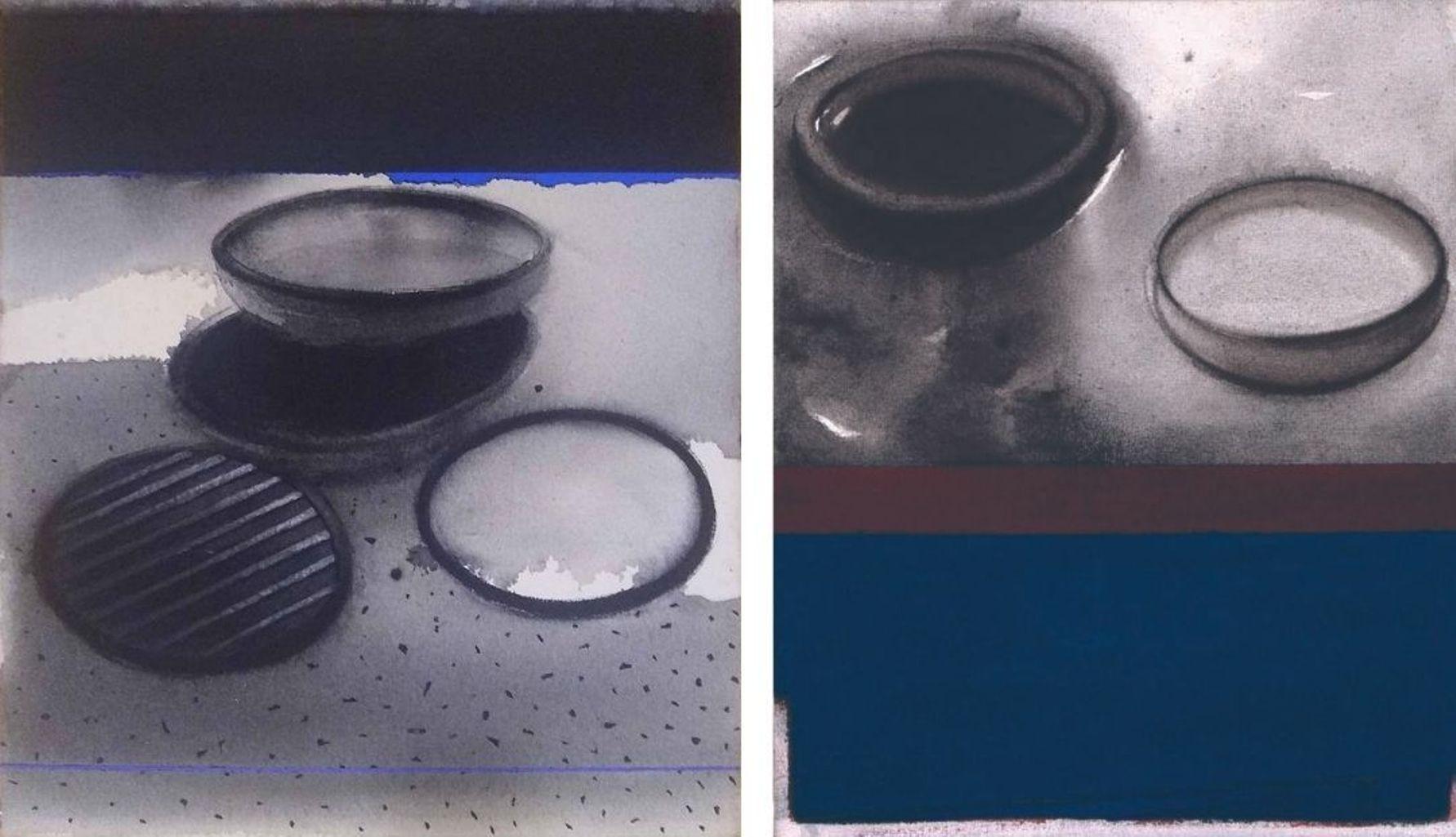 Madhu Basu Still-Life Painting - Pots, Acrylic & Pigment on Canvas, (Set of 2) Black, Blue, Grey "In Stock"