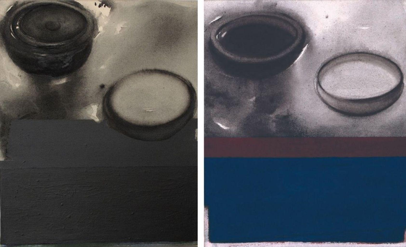Madhu Basu Still-Life Painting - Pots, Acrylic & Pigment on Canvas, (Set of 2) Black, Blue, Grey "In Stock"