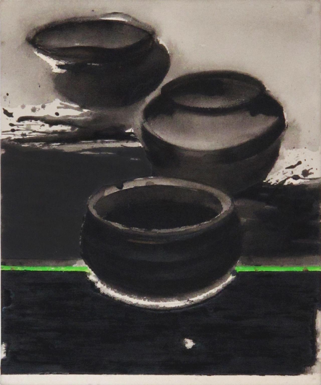Töpfe, Acryl und Pigment auf Leinwand, (Set von 2) Schwarz, Grün, Grau „Auf Lager“ – Painting von Madhu Basu