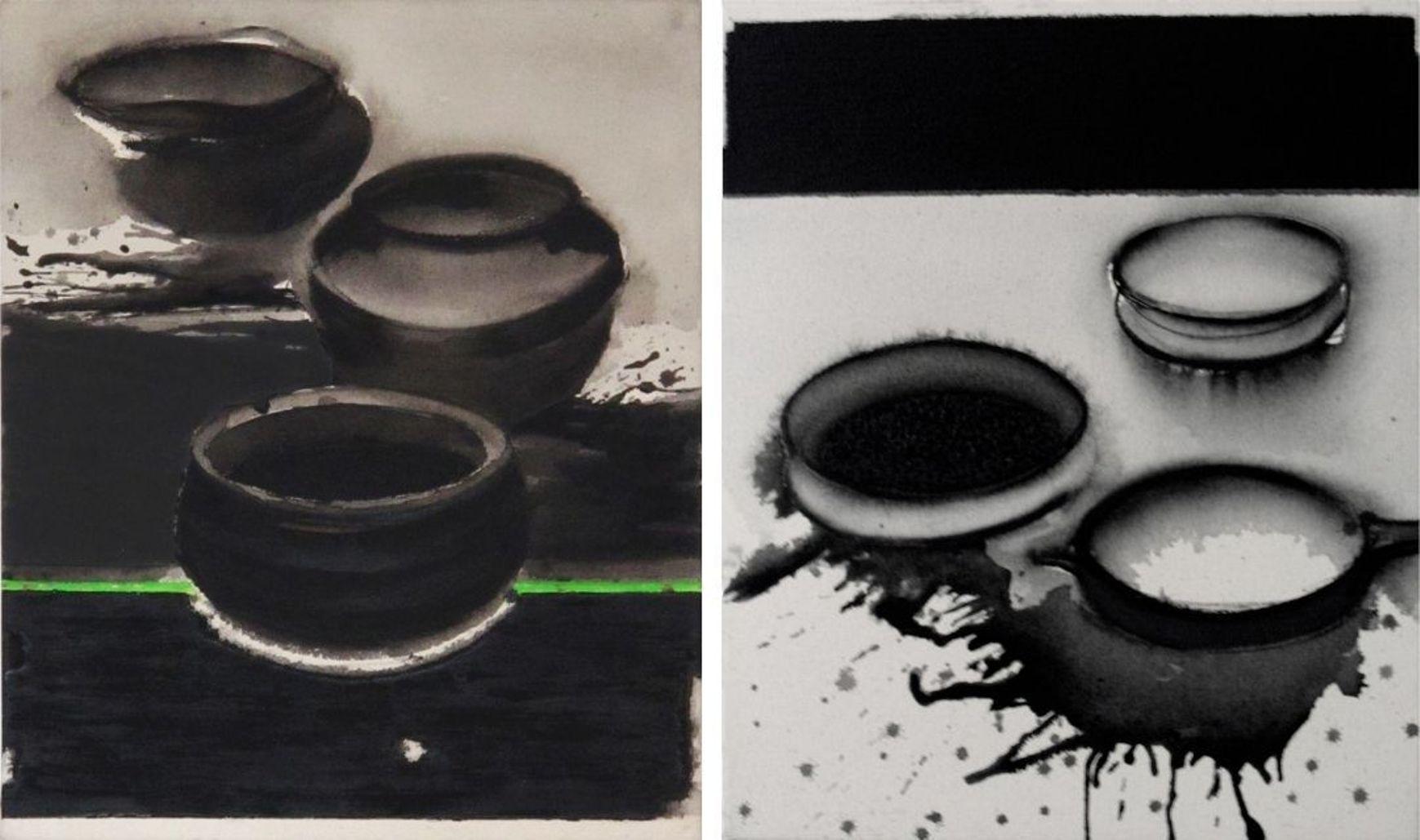 Madhu Basu Still-Life Painting - Pots, Acrylic & Pigment on Canvas, (Set of 2) Black, Green, Grey "In Stock"