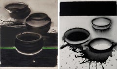 Used Pots, Acrylic & Pigment on Canvas, (Set of 2) Black, Green, Grey "In Stock"