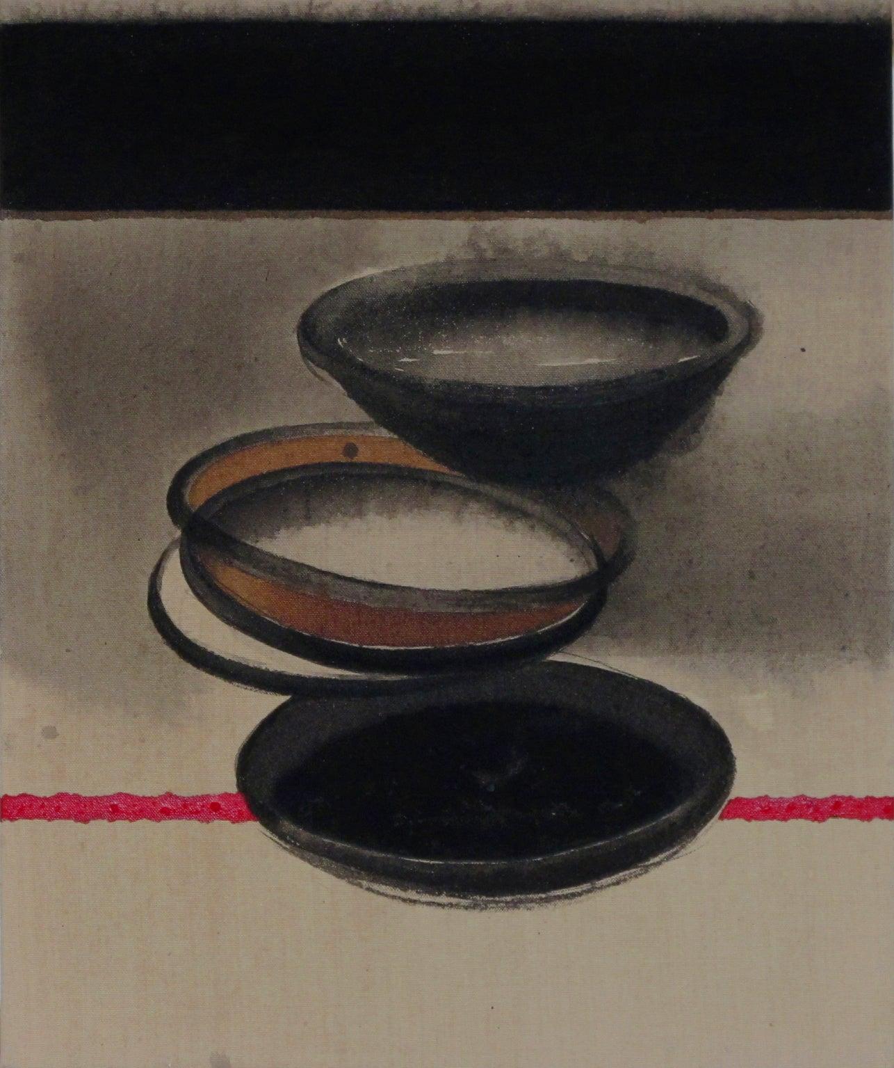 Töpferwaren, Acryl und Pigment auf Leinwand, (Set von 2) Schwarz, Grün, Grau, Rosa „Auf Lager“ (Zeitgenössisch), Painting, von Madhu Basu