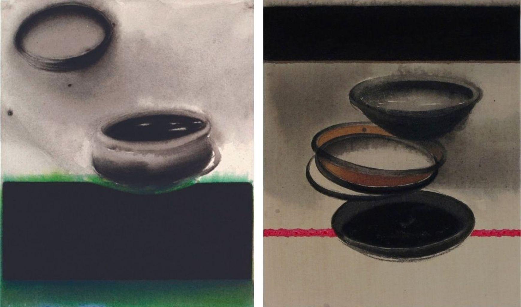 Madhu Basu Still-Life Painting - Pots, Acrylic & Pigment on Canvas, (Set of 2) Black, Green, Grey, Pink "In Stock"