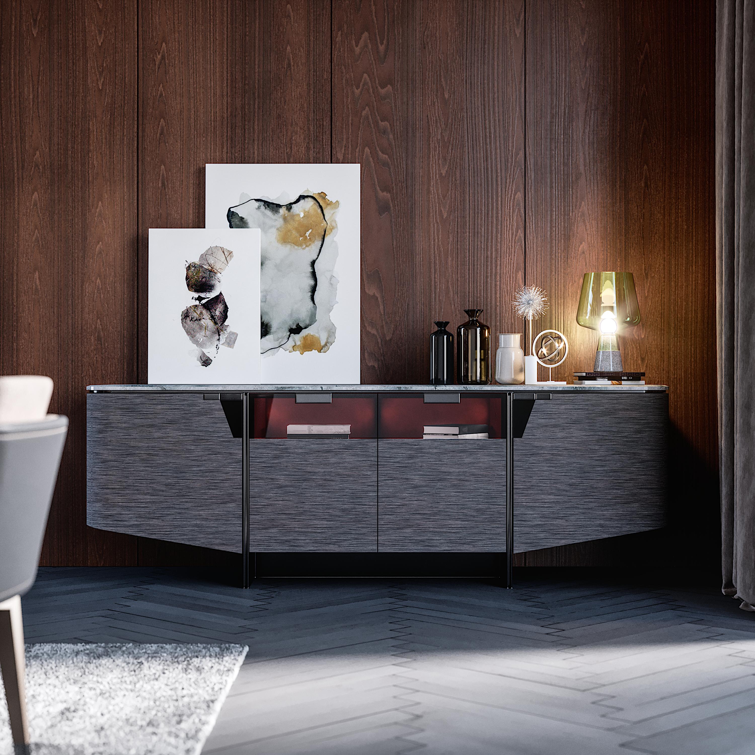 La nostra madia bassa Bellatrix si integra perfettamente in soggiorno o salotto, di un ambiente residenziale lussuoso, risolvendo ogni esigenza di contenimento per qualsiasi contesto e stile, essendo costruita dai nostri artigiani, in materilali di