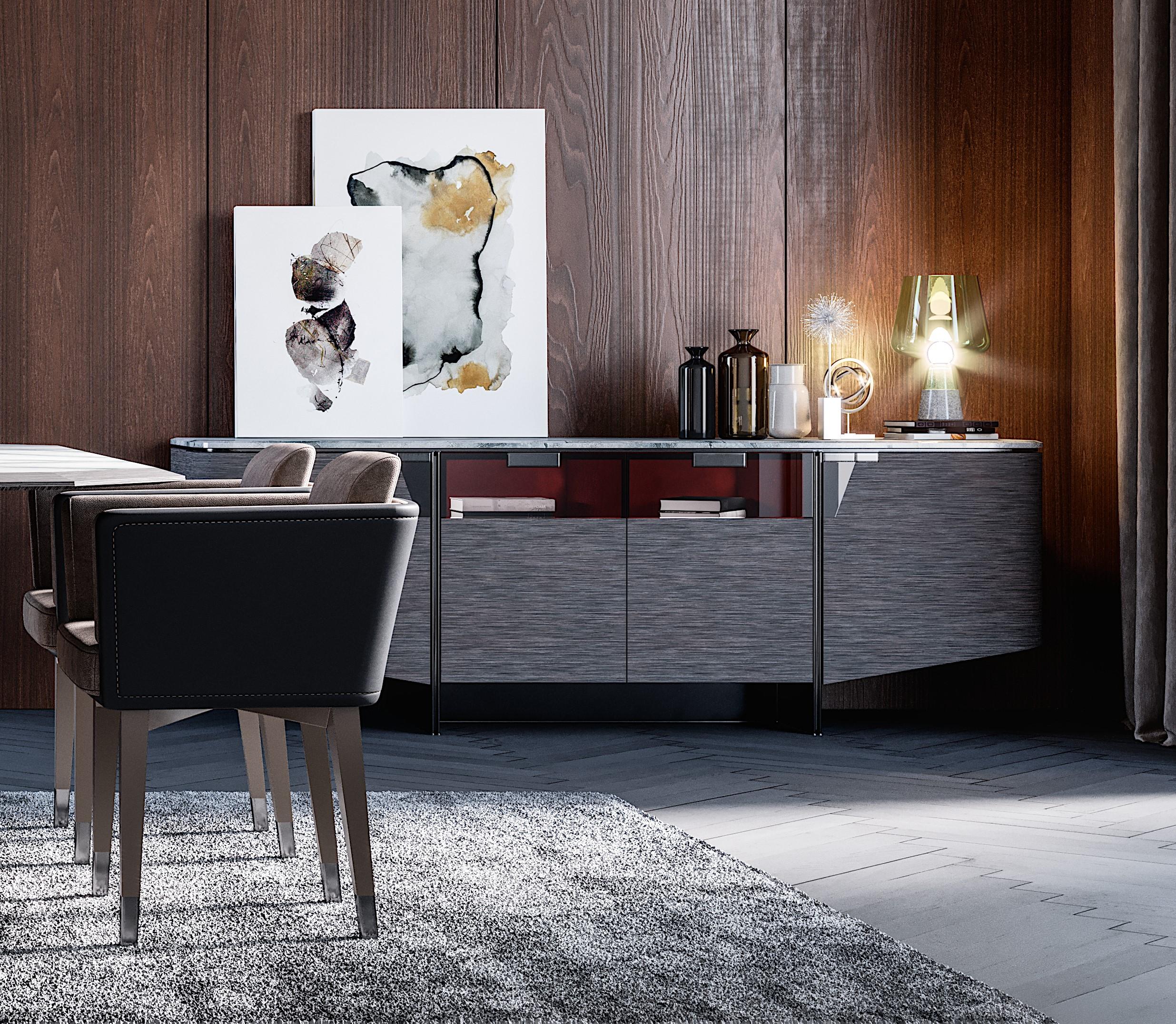 Modern Madia bassa Bellatrix, struttura impiallacciata con antine, top marmo For Sale