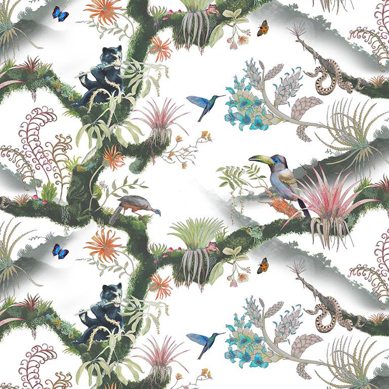Anglais Madidi - Papier peint de grande largeur « Clouds in Cream » à motifs botaniques tropicals en vente