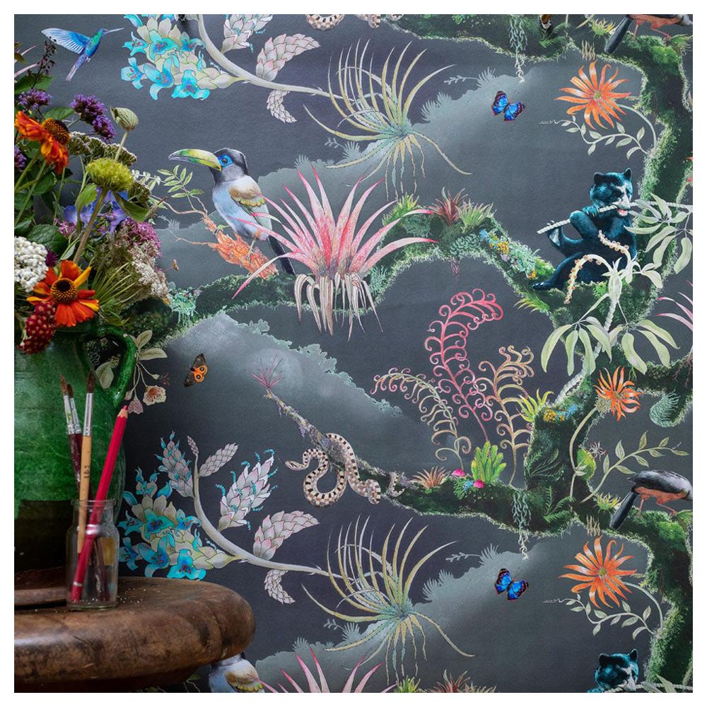 Madidi Clouds in Midnight Medium Scale Tropical Botanical Wallpaper