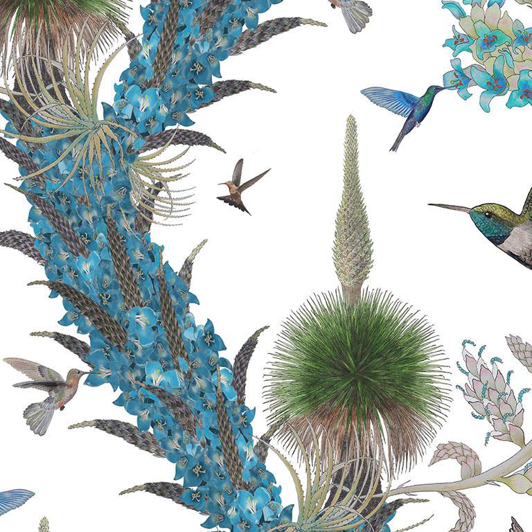 English Madidi Hummingbirds in Cream Botanical Wallpaper For Sale