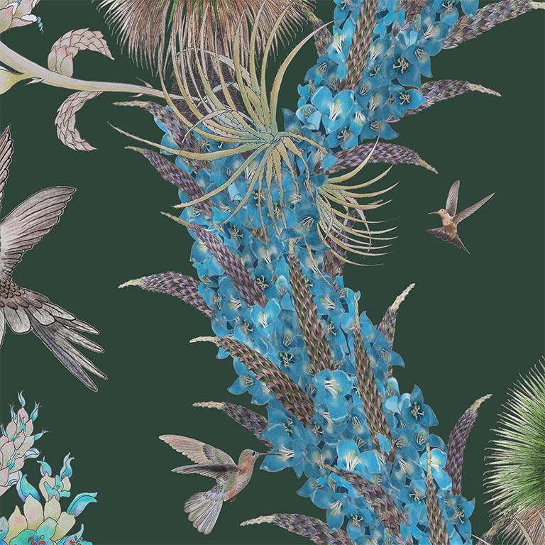 English Madidi Hummingbirds in Forest Botanical Wallpaper For Sale