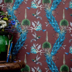 Madidi Hummingbirds in Oxblood Botanical Wallpaper
