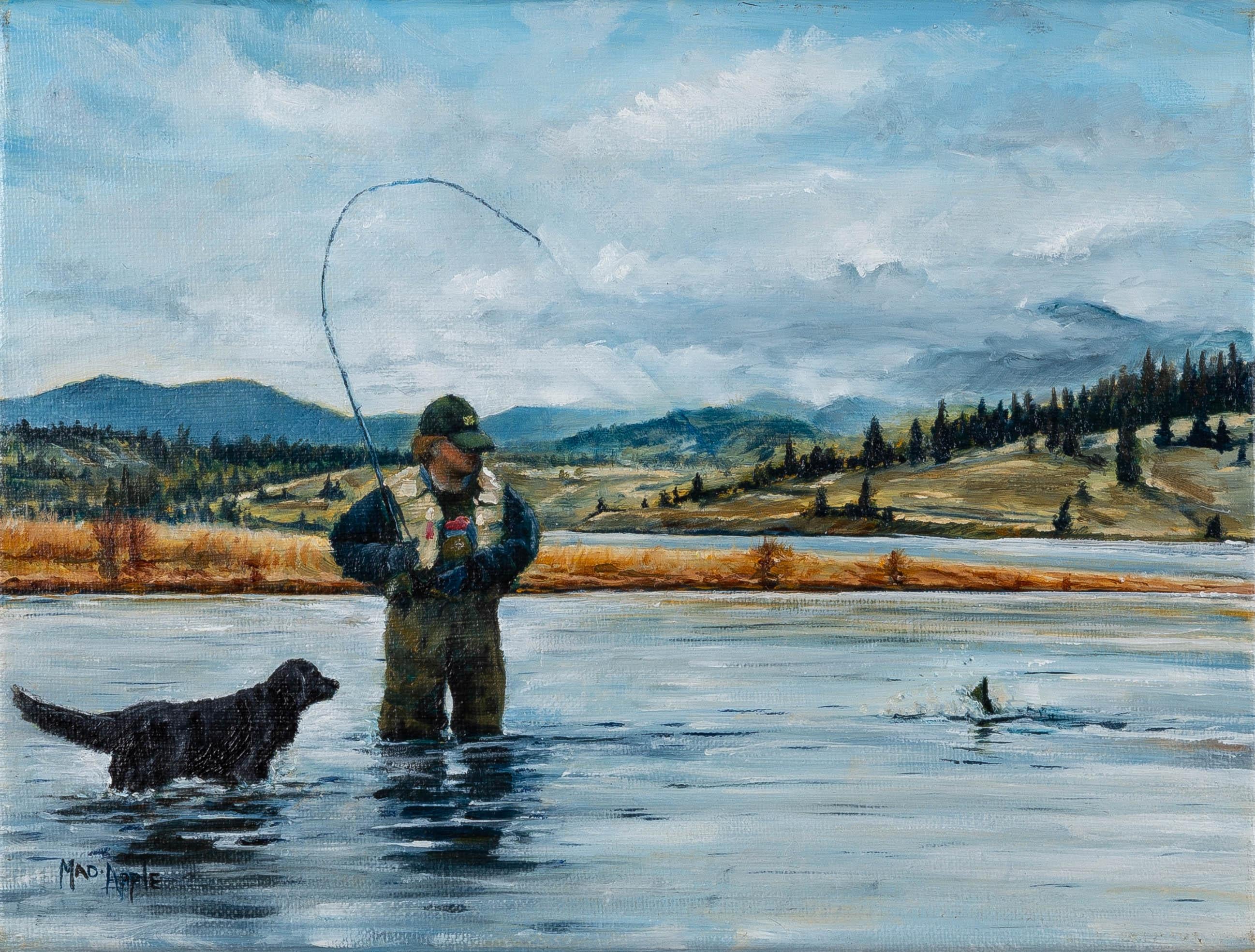 Fly Fishing With Dog Missouri River Montana Western Landscape Original Oil - Painting by Madison Apple