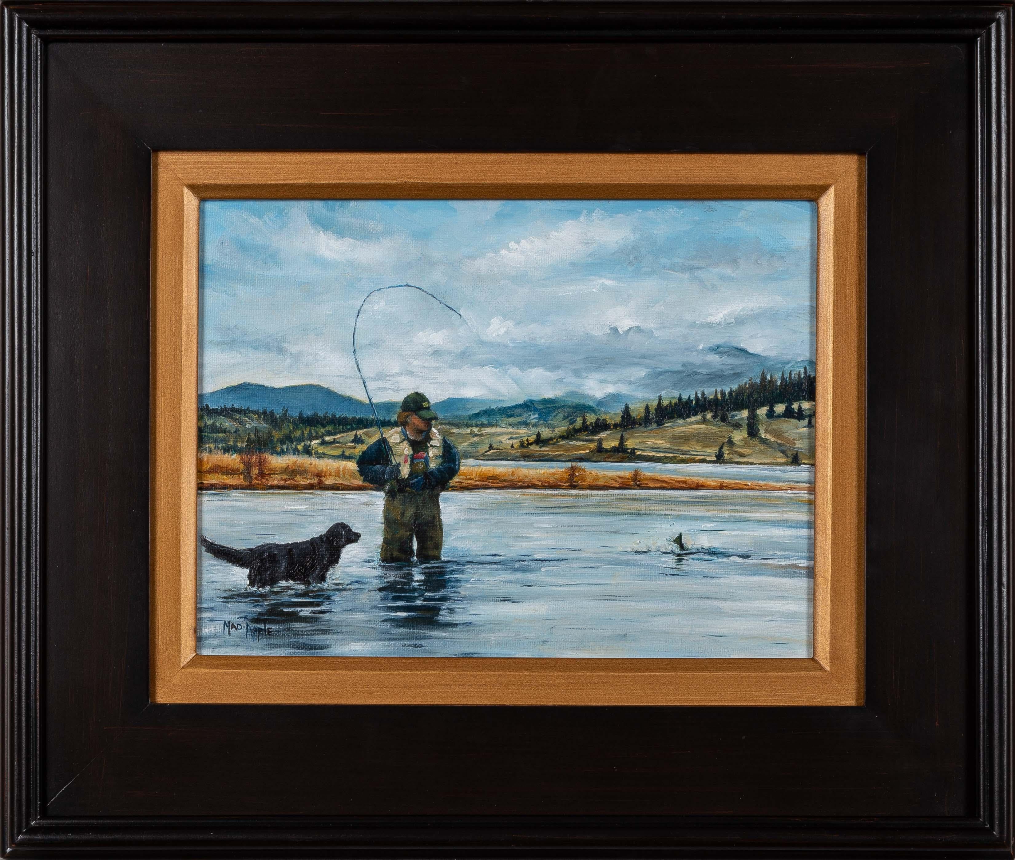 Madison Apple Figurative Painting - Fly Fishing With Dog Missouri River Montana Western Landscape Original Oil