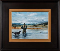 Antique Fly Fishing With Dog Missouri River Montana Western Landscape Original Oil