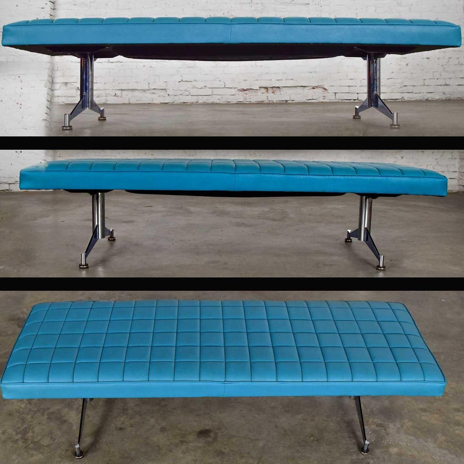 Madison Furn. Vinyl Faux Leather Turquoise Chrome Bench Daybed Style A. Umanoff For Sale 11