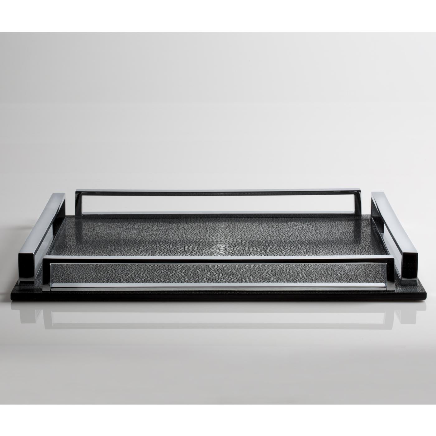 This superb tray will make a statement in any room. It can be used to style a modern entryway, or to serve small food in a living room. Its wooden base is upholstered in real shagreen leather dyed in mole brown, whose unique and luxurious texture