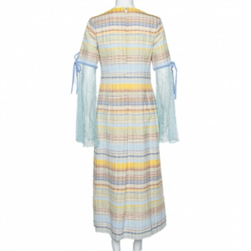 Gray Madiyah Al Sharqi Striped Textured Cotton Lace Trim Detail Maxi Dress M For Sale
