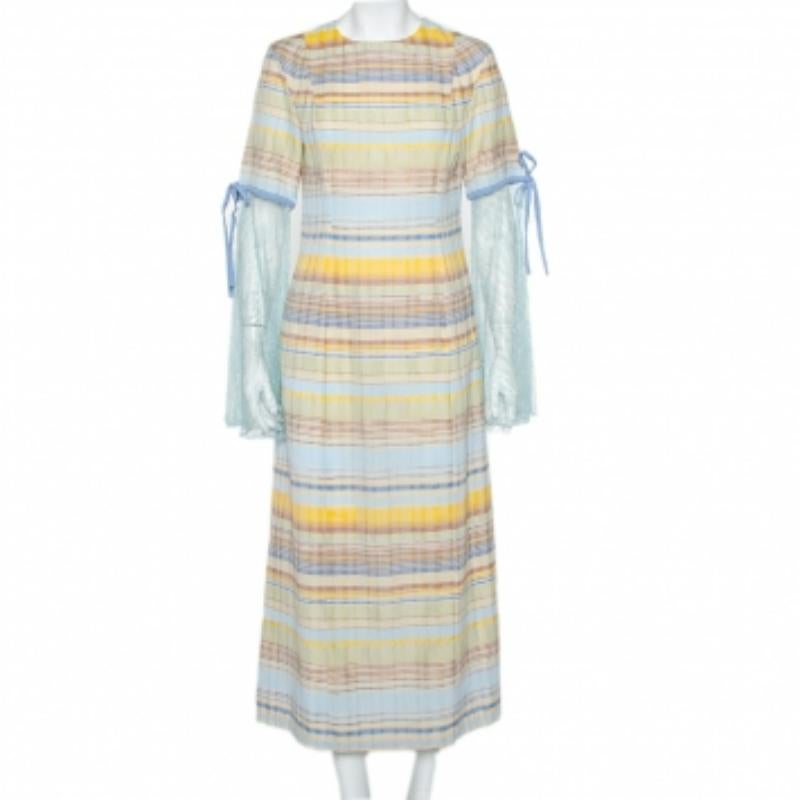 Women's Madiyah Al Sharqi Striped Textured Cotton Lace Trim Detail Maxi Dress M For Sale