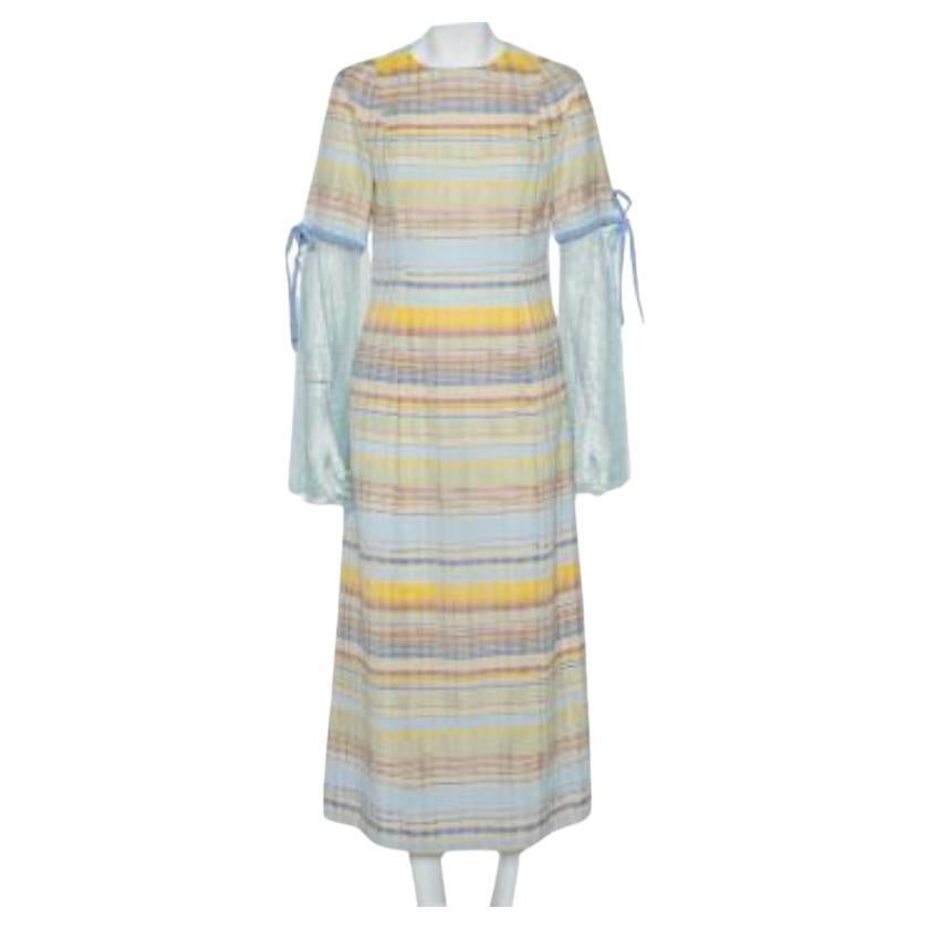 Madiyah Al Sharqi Striped Textured Cotton Lace Trim Detail Maxi Dress M For Sale