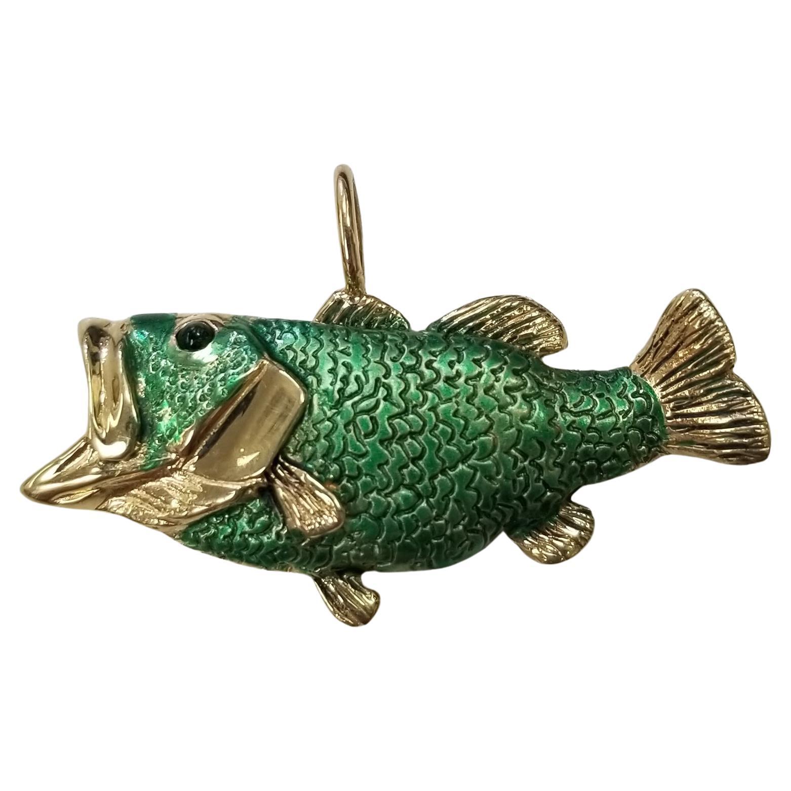 Madleine Kay 14k Yellow Gold "Large Mouth Bass" pendant with garnet eye For Sale