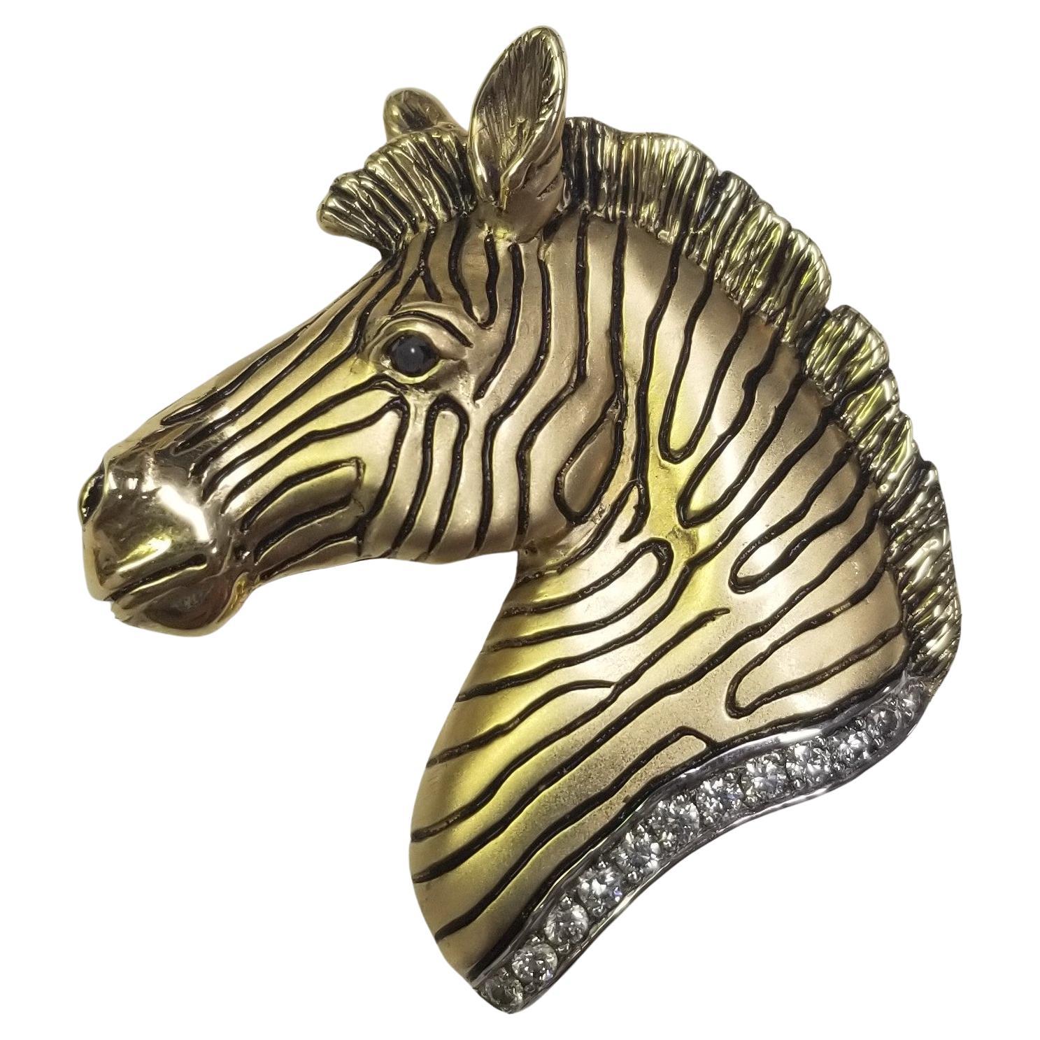 Madleine Kay, tête Zebra grande taille en or jaune 14 carats, pavée de diamants et noire