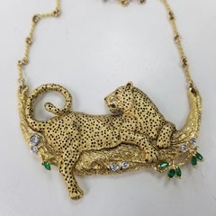 Madleine Kay 18 Yellow Gold "Leopard in Tree" with Diamonds Emeralds & Ruby Eyes