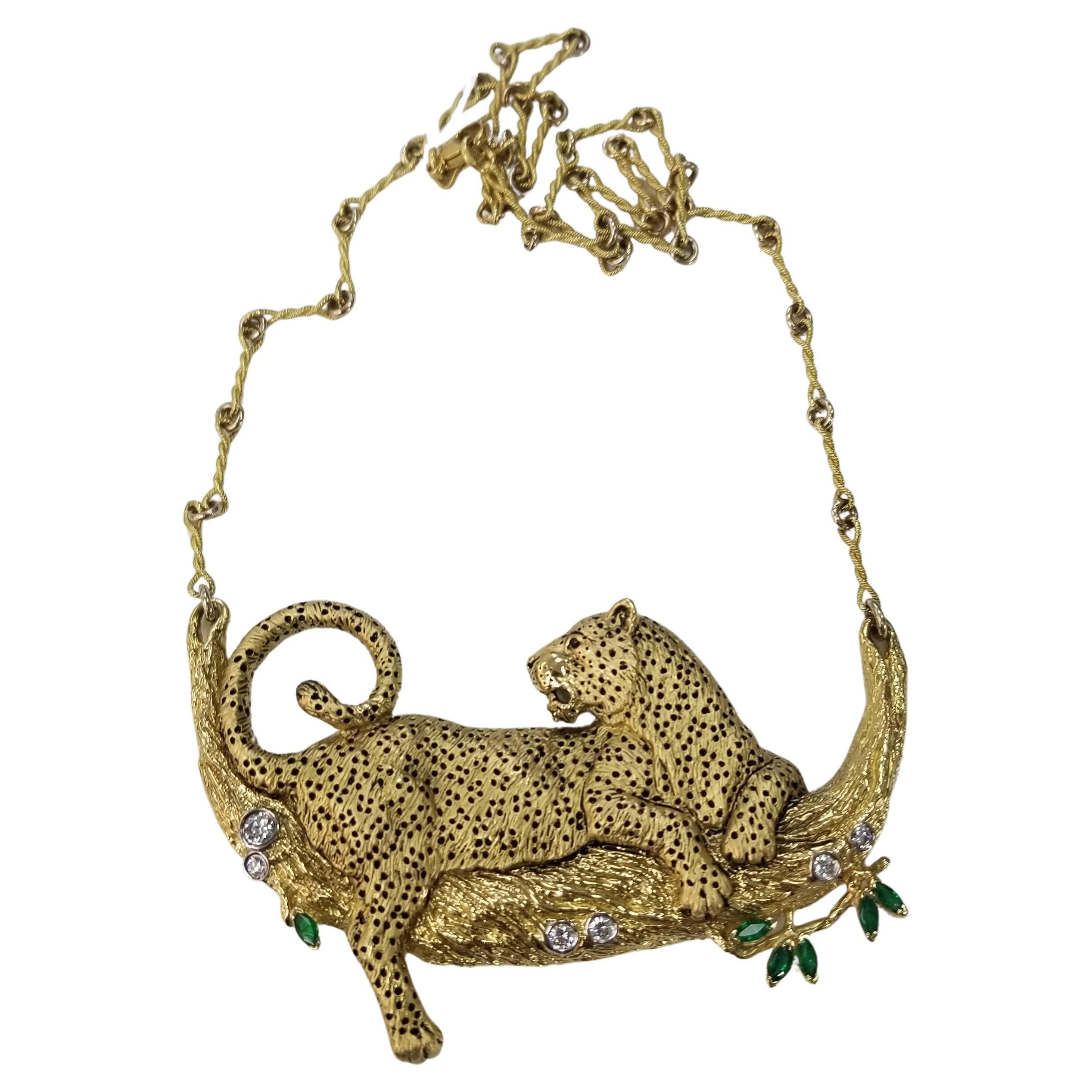 Madleine Kay 18 Yellow Gold "Leopard in Tree" with Diamonds Emeralds & Ruby Eyes