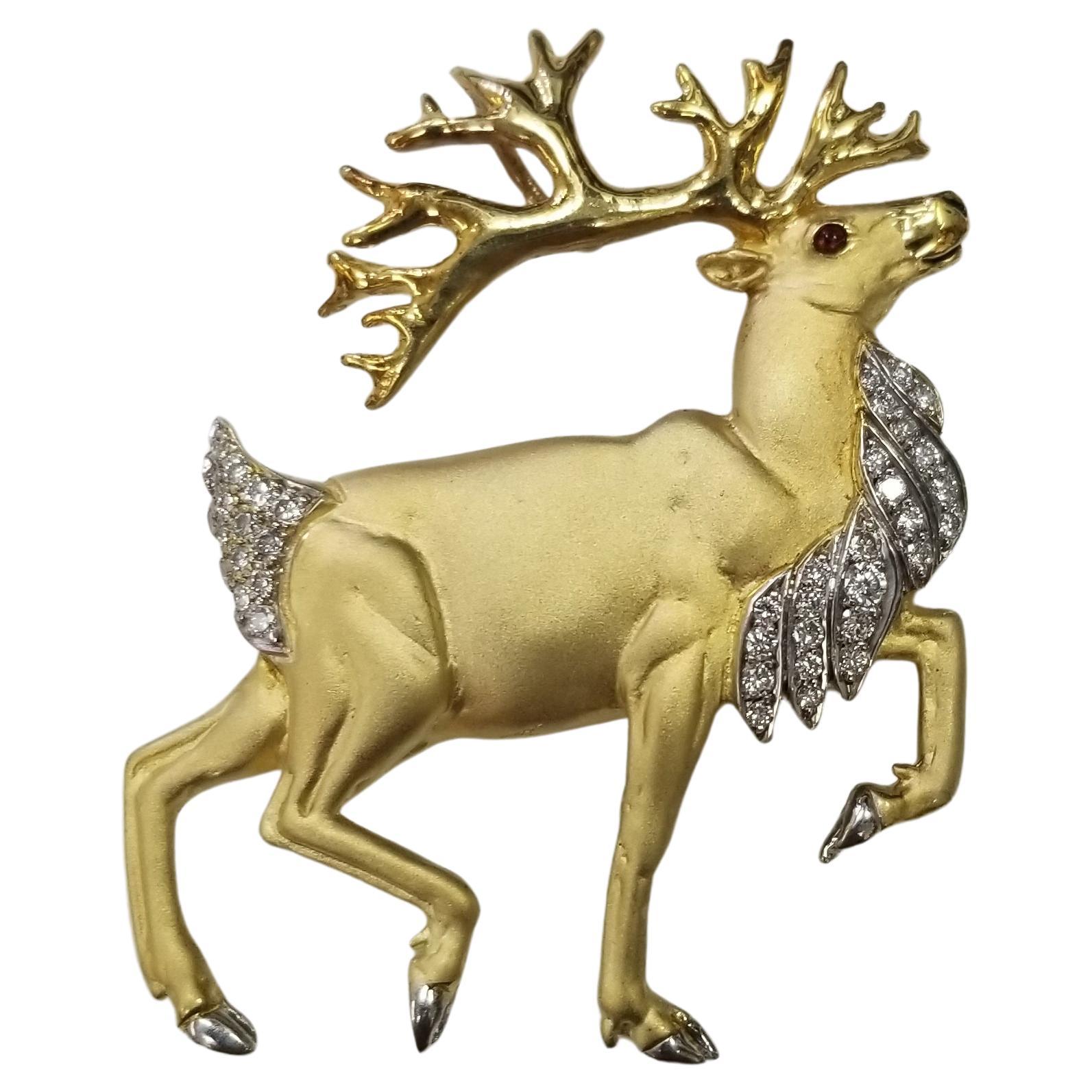 Madleine Kay 18k Yellow Gold "Caribou/Reindeer Head" pin & pendant with Diamonds For Sale
