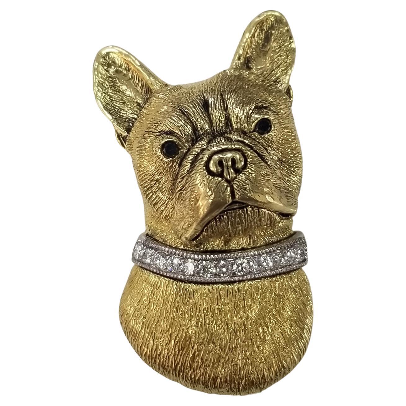 Madleine Kay 18k Yellow Gold "French Bull Dog" Head Paved in Diamonds with Black For Sale