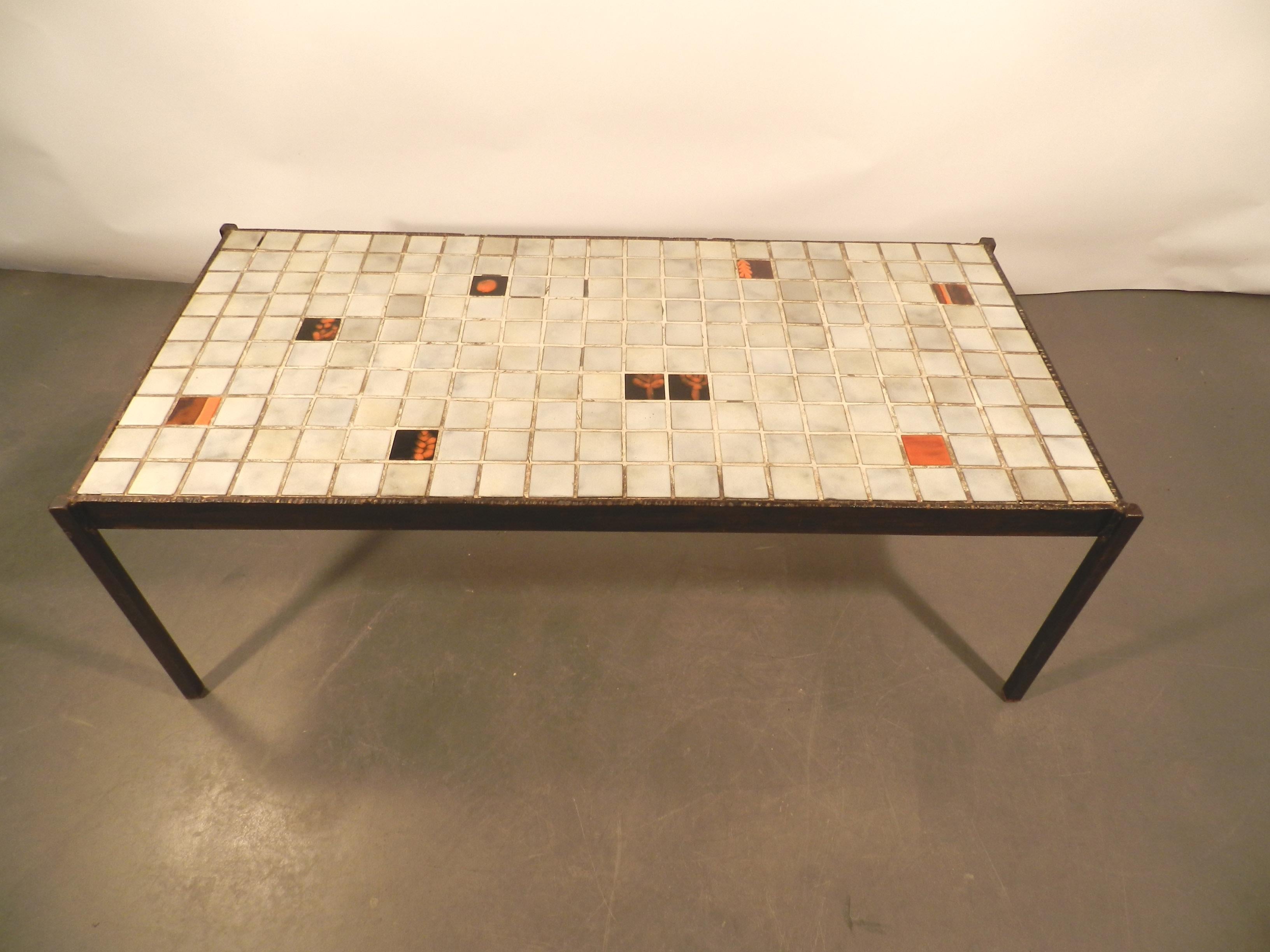 Mid-20th Century Mado Jolain and René Legrand, coffee table in wrought iron and ceramic top.