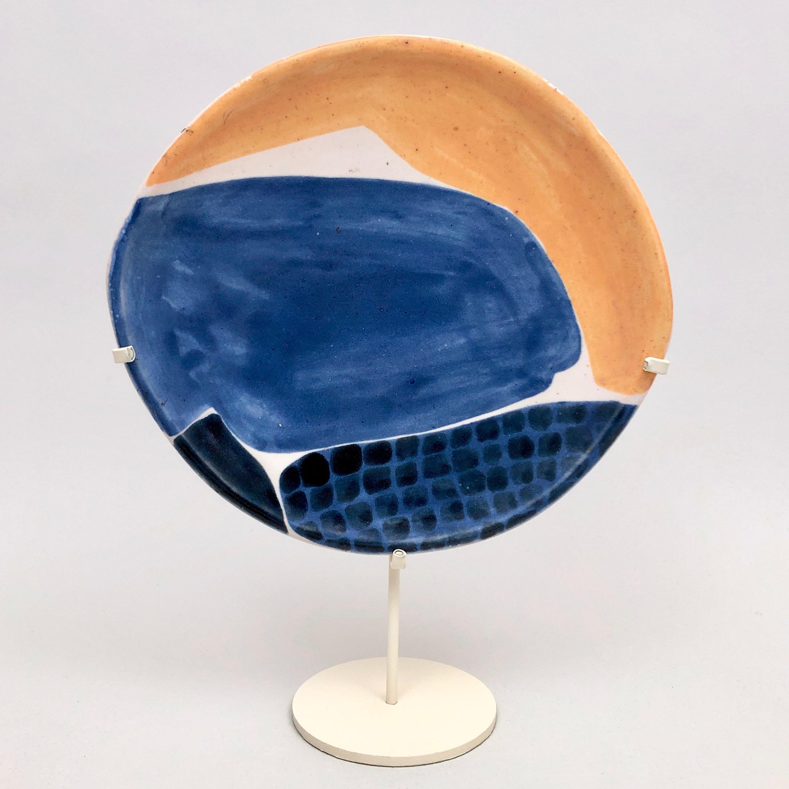 French Mado Jolain, Decorative Ceramic Dish on Metal Base For Sale