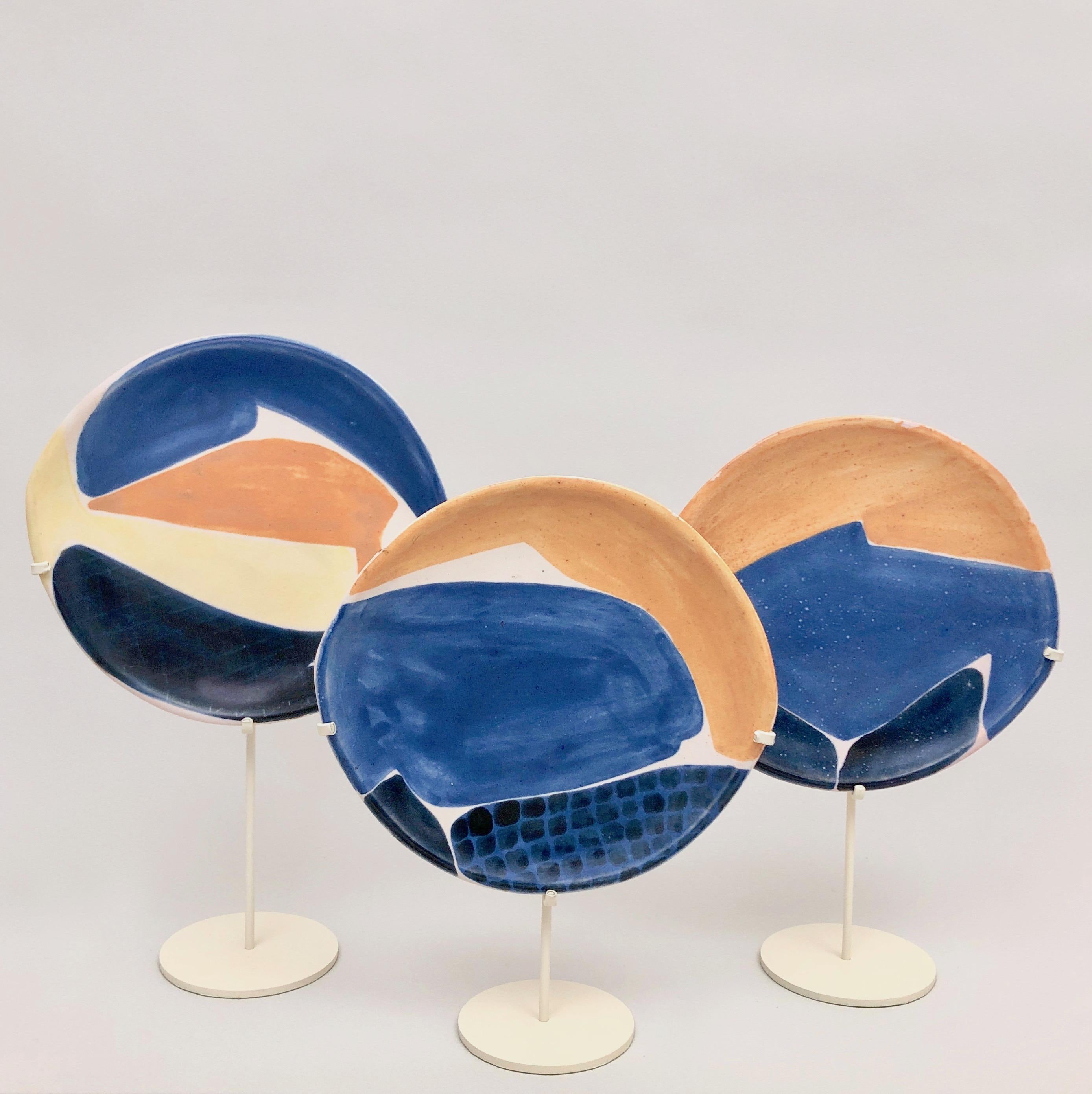 Mid-20th Century Mado Jolain, Decorative Ceramic Dish on Metal Base For Sale