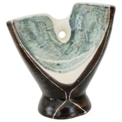 Mado Jolain French Ceramic Double Spout Vase Green and Black Decoration Signed