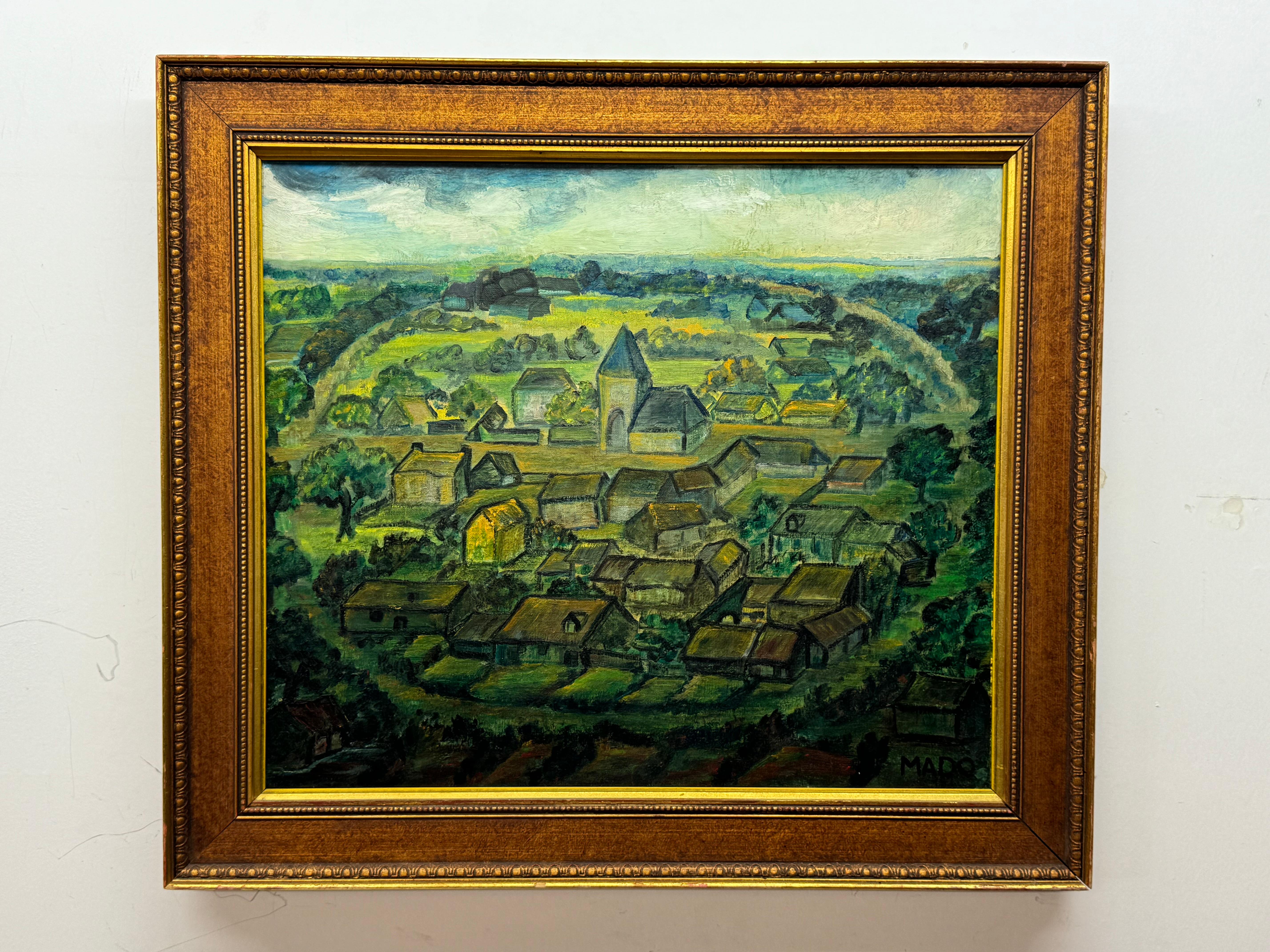 MADO Landscape Painting - Charming village scene painting in a style reminiscing to Cezanne