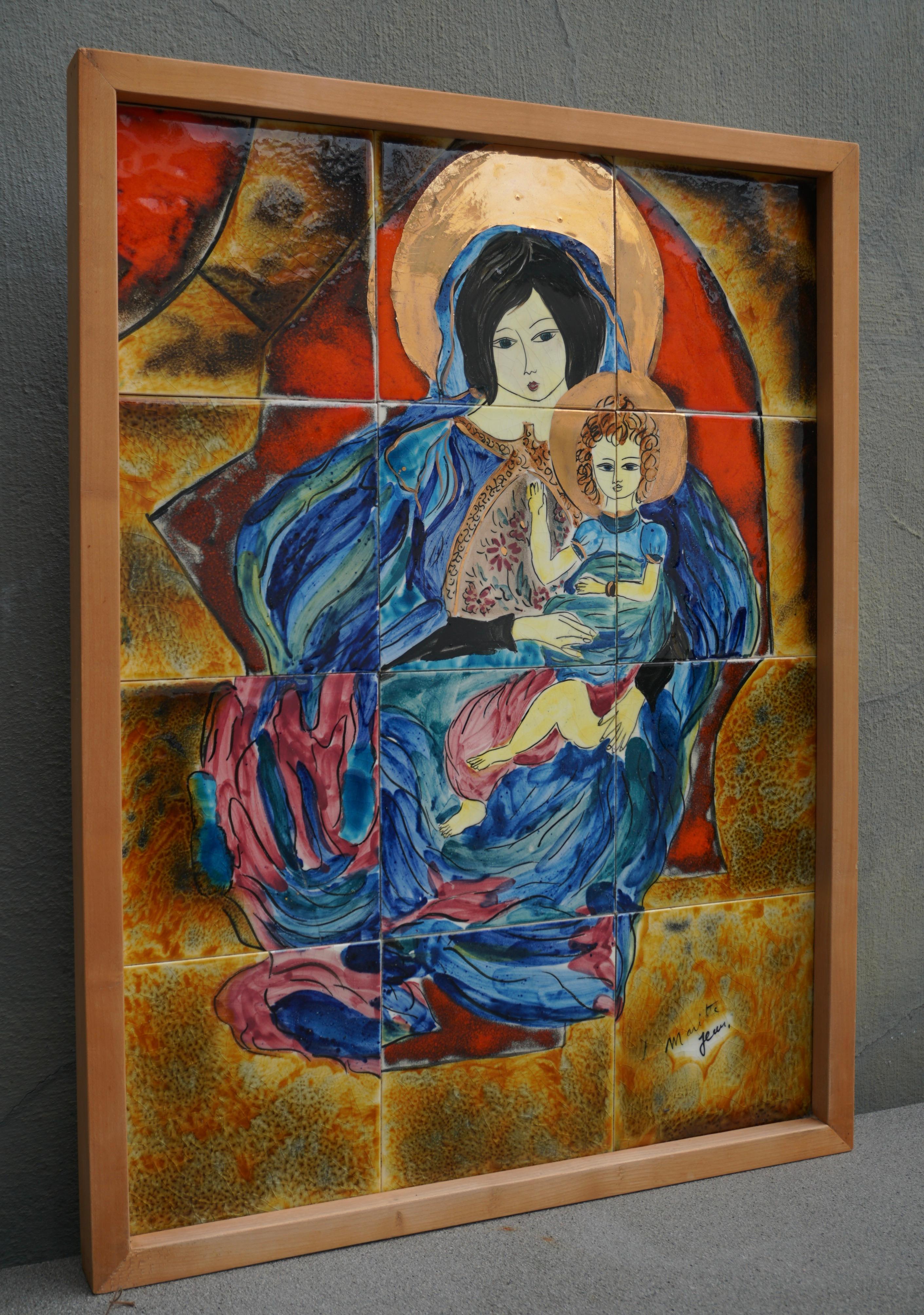 Glazed Madonna and Child Ceramic Wall Decoration For Sale