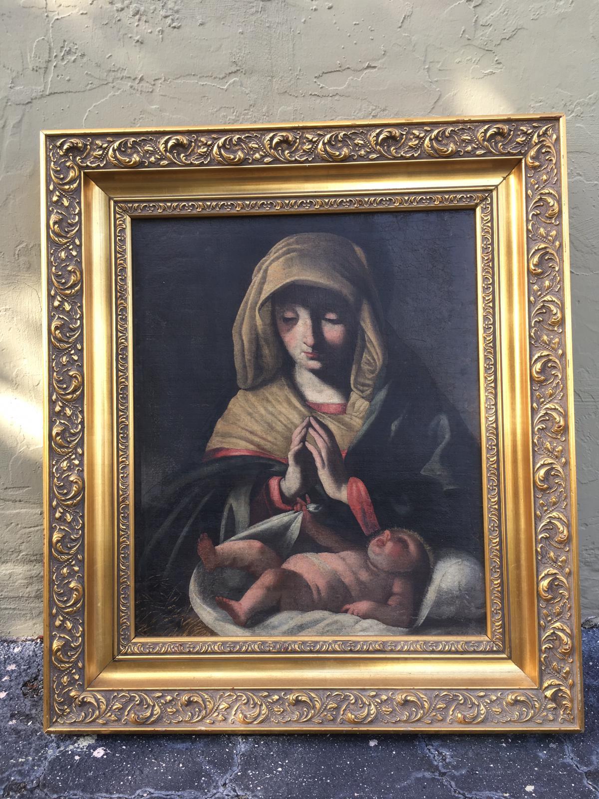 Madone et enfant, peinture classique du 19ème siècle.
Cette belle peinture à l'huile a été achetée en Espagne.
L'artiste est inconnu.
Le tableau a conservé sa finition originale et n'a pas été retouché.
Le cadre en bois est bien visible.