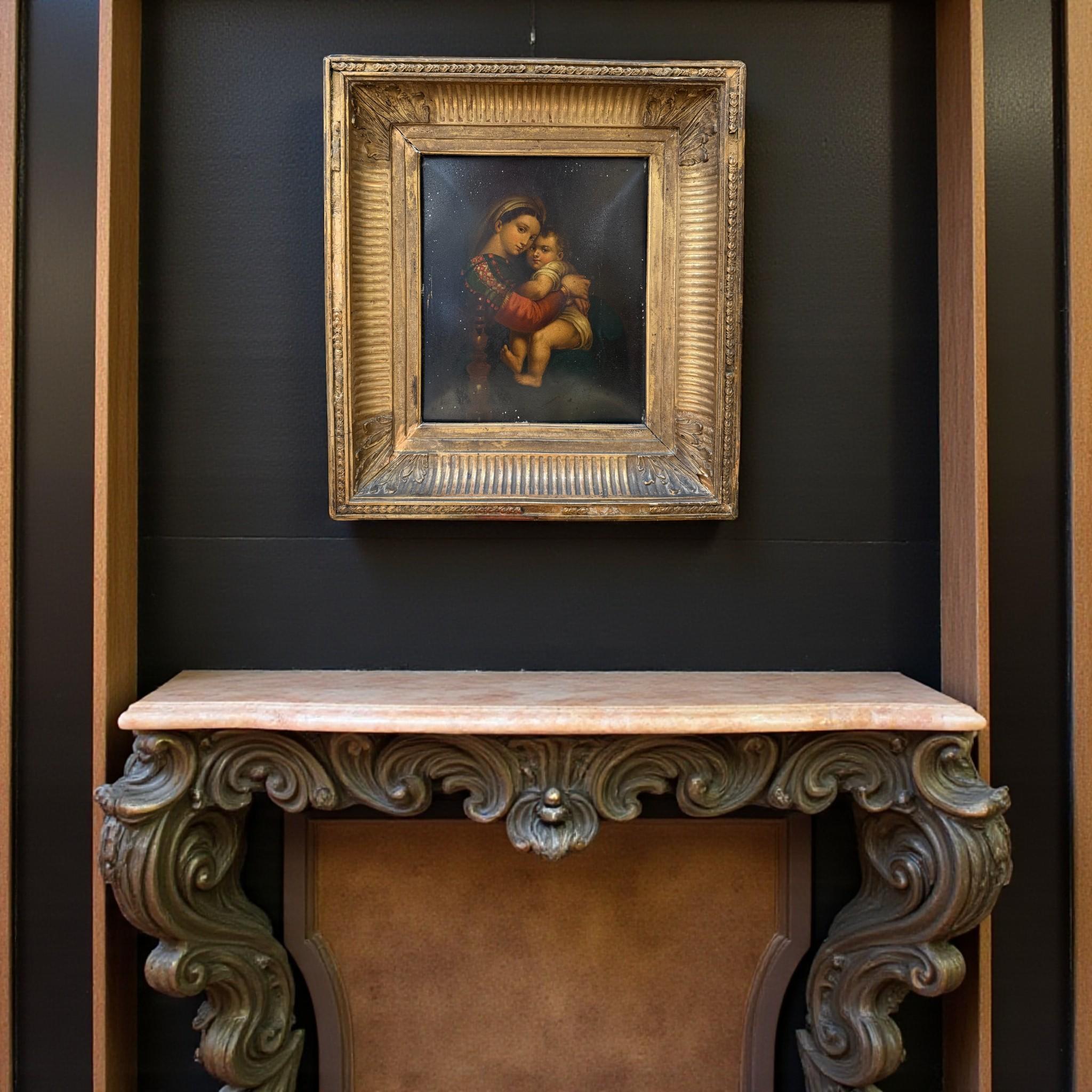 Madonna mit Kind, Öl auf Metall in vergoldetem Rahmen, nach Raphael, 19. (Renaissance) im Angebot