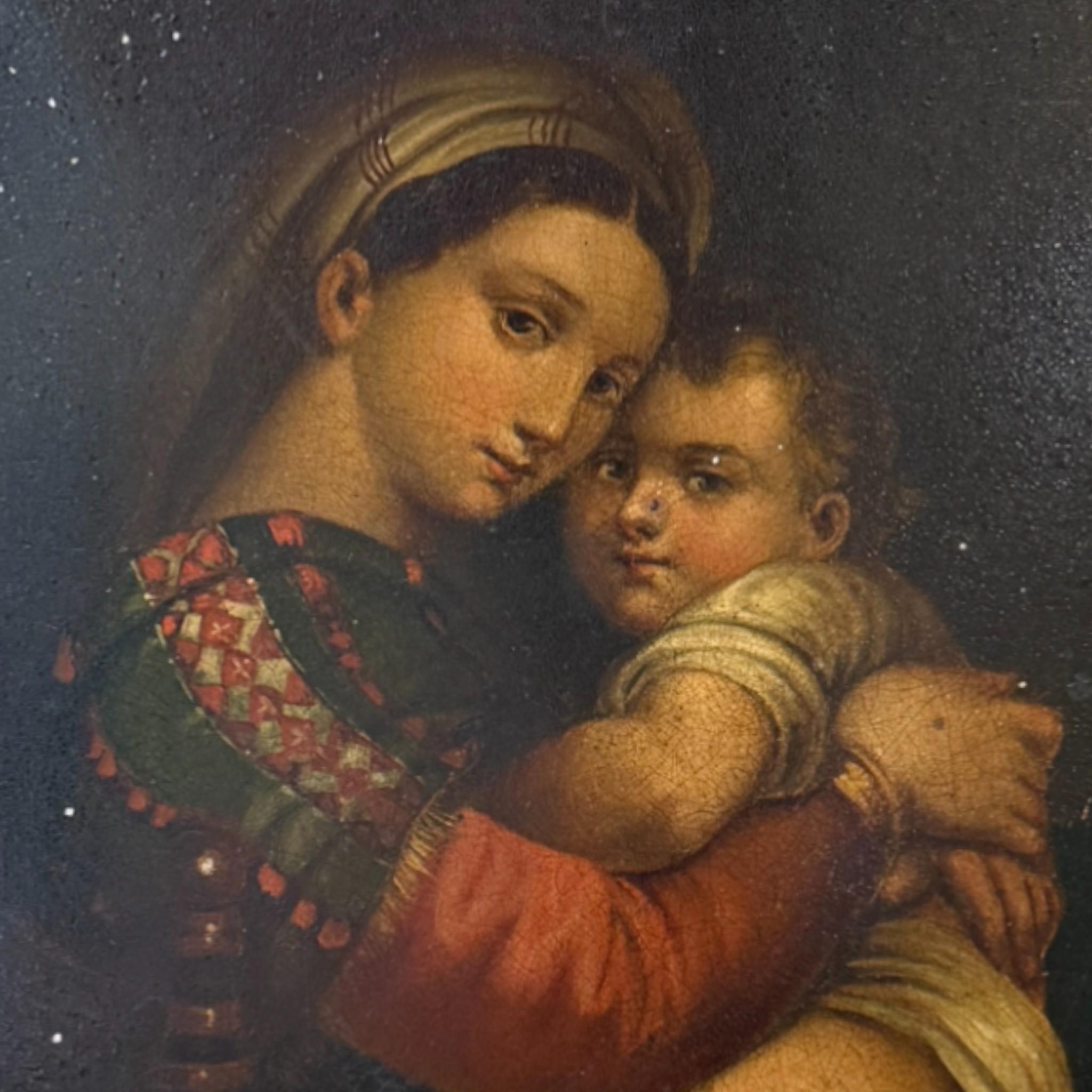Madonna mit Kind, Öl auf Metall in vergoldetem Rahmen, nach Raphael, 19. (Italienisch) im Angebot